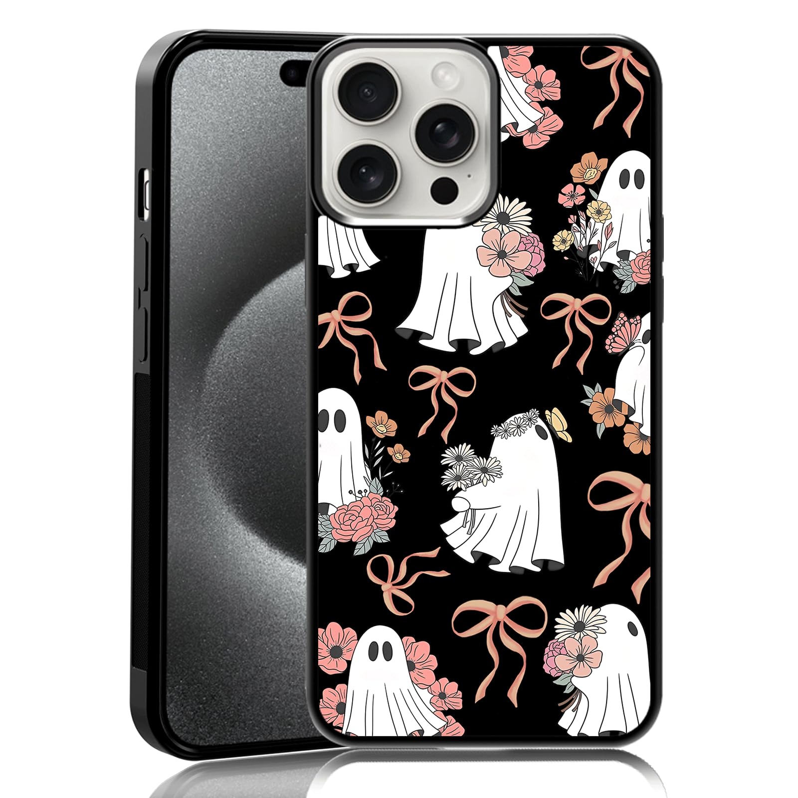 Coquette Floral Ghost Phone Case Fit for iPhone 15 Pro Max — TPU Shockproof Designed Cute Bow Halloween Spooky Phone Cover Gift for Boy Girl Men Women