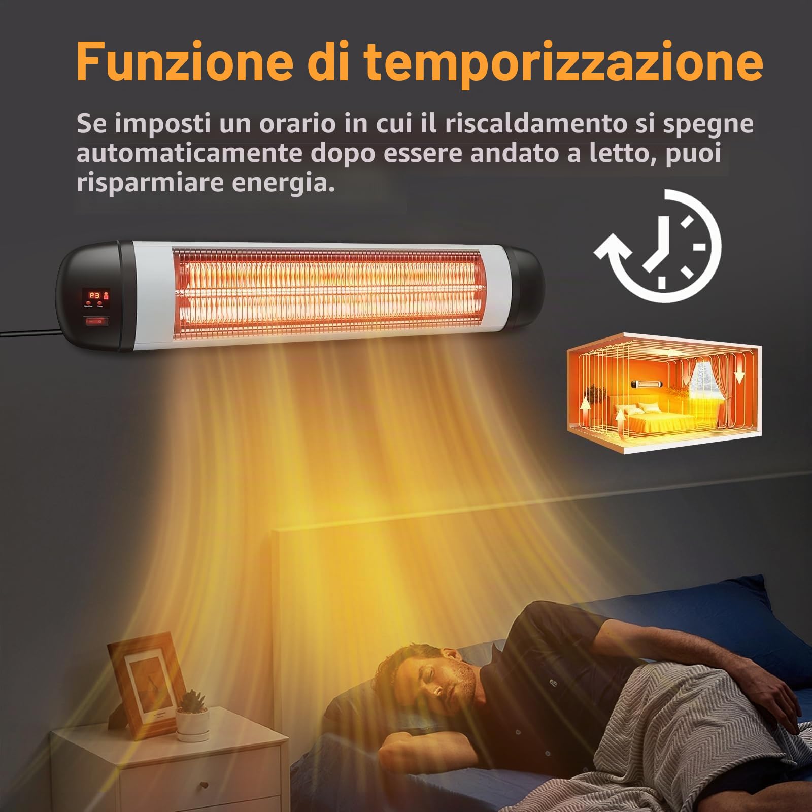 Stufa a infrarossi per terrazze, 2500 W, faretto a infrarossi per esterni, con telecomando, a parete, 3 livelli di riscaldamento, per terrazze, esterni, per bagno, balcone, giardino