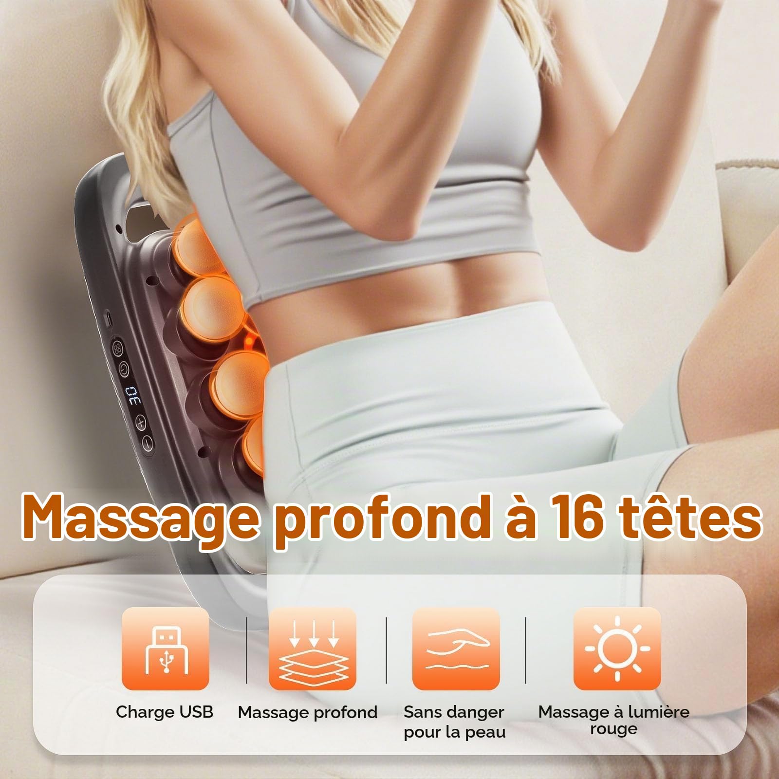 Pistolet de Massage Profond 16 têtes, 30 vitesses silencieux | Pistolet de Massage Musculaire, Masseur Dorsal Portable Anti-Douleur, Pistolet Percussion pour Cou, Épaules et Jambes