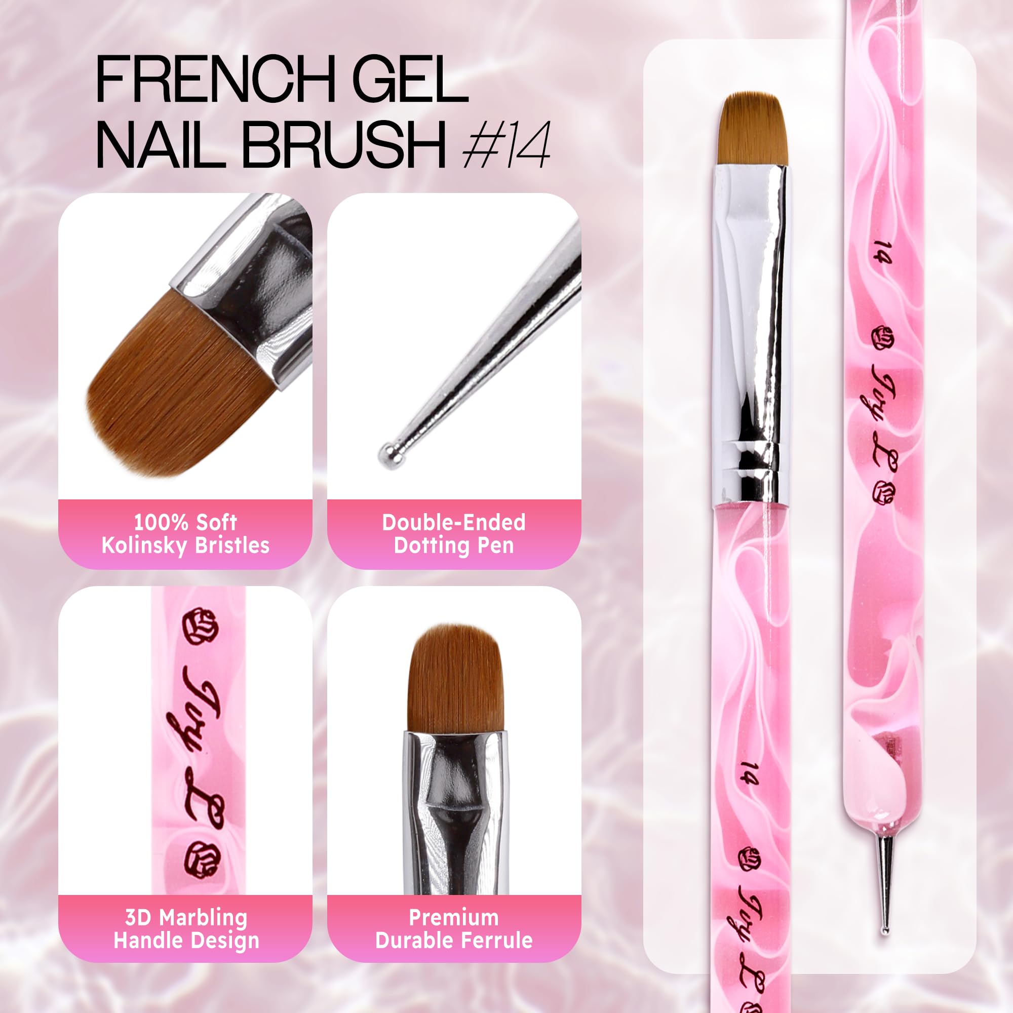 Ivy L - Pennello Kolinsky per nail art in gel acrilico a 2 vie, con strumento per punteggiare, per manicure professionale e pulizia delle cuticole (misura n. 14, marmo rosa)