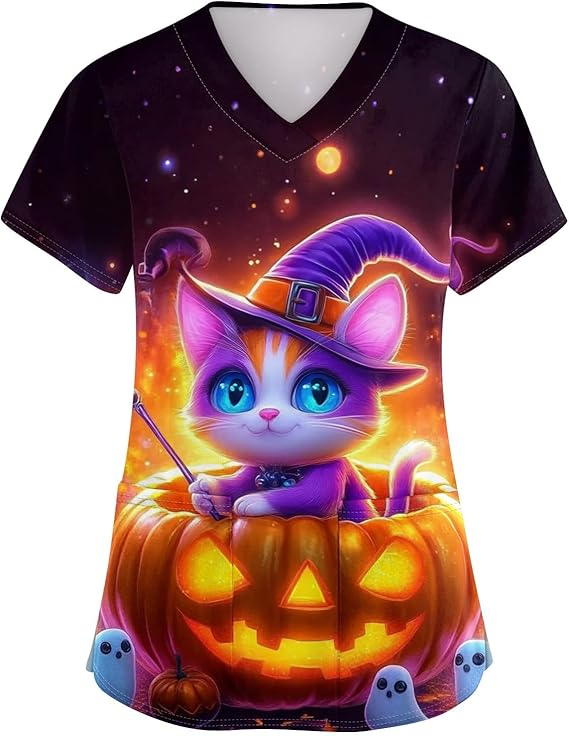OIOLOYJM Printed Scrub Tops Women Short Sleeve V Neck Plus Size Scrubs for Womens Nursing Uniforms Shirts with Pockets