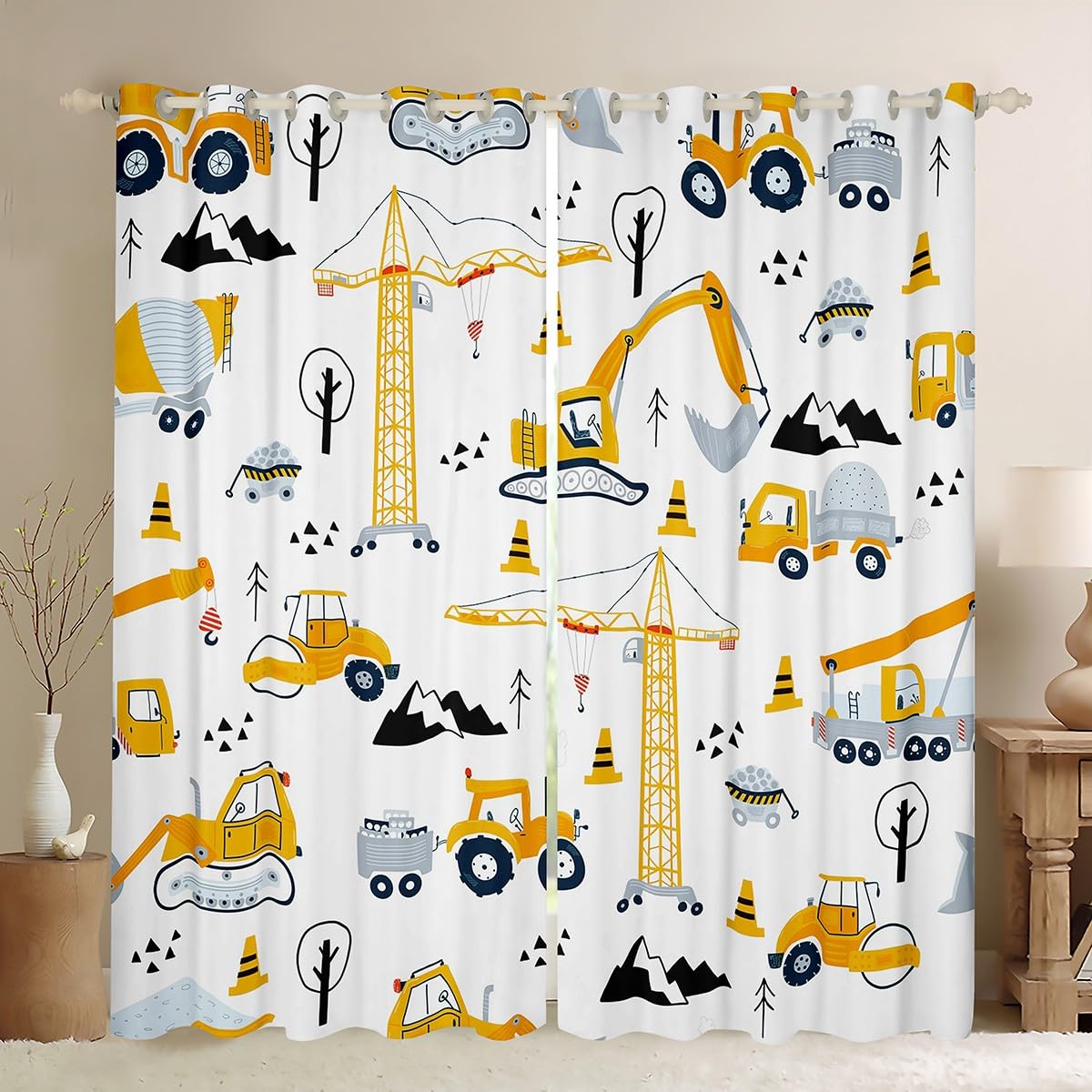 Homemissing Yellow Tractor Excavator Blackout Curtains(30%-50%) Cartoon Car Window Curtains for Kids Construction Car Window Dreapes Machinery Truck Window Treatments W46*L54