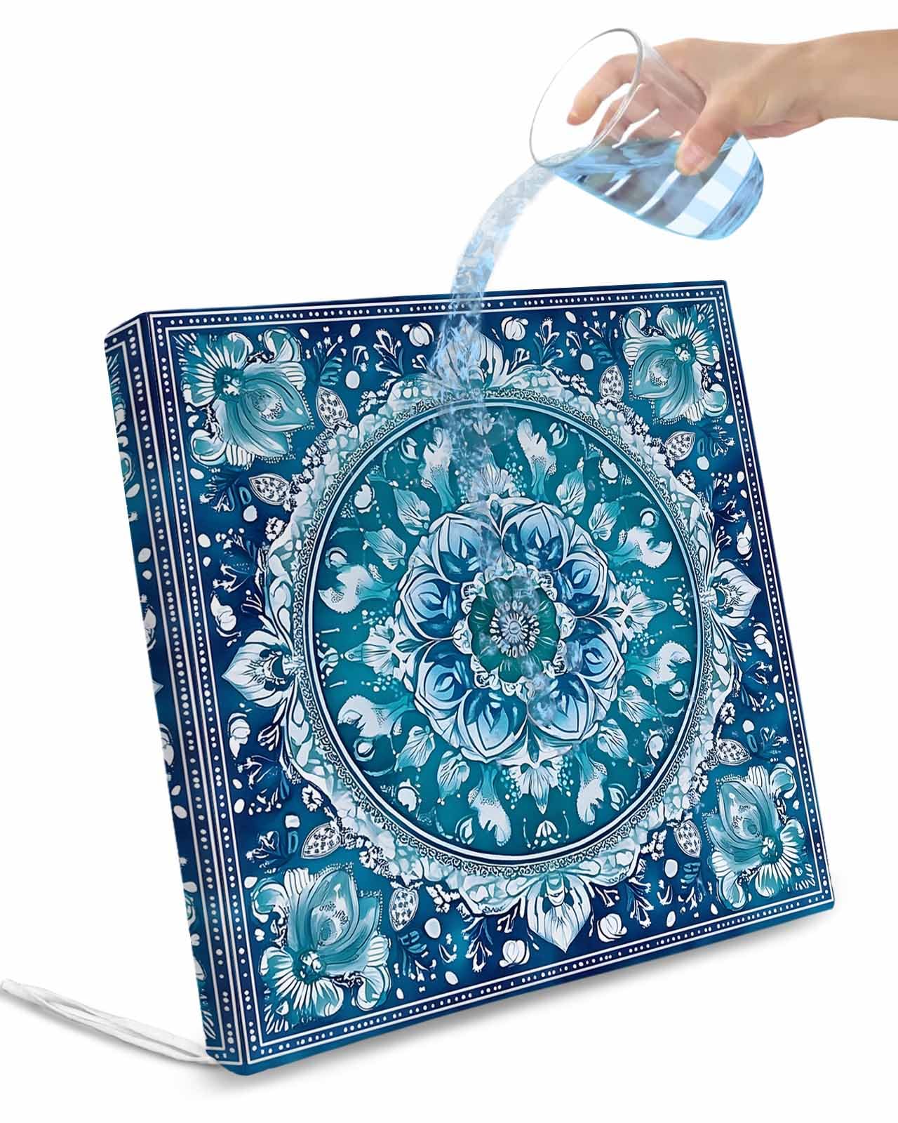 2 Pack Boho Teal Blue Waterproof Cushion Covers with Ties, Outdoor Patio Chaise Lounge Chair Seat Cushion Slip Covers Replacement(Only Cover) Abstract Flowers Ethnic Southwestern 20