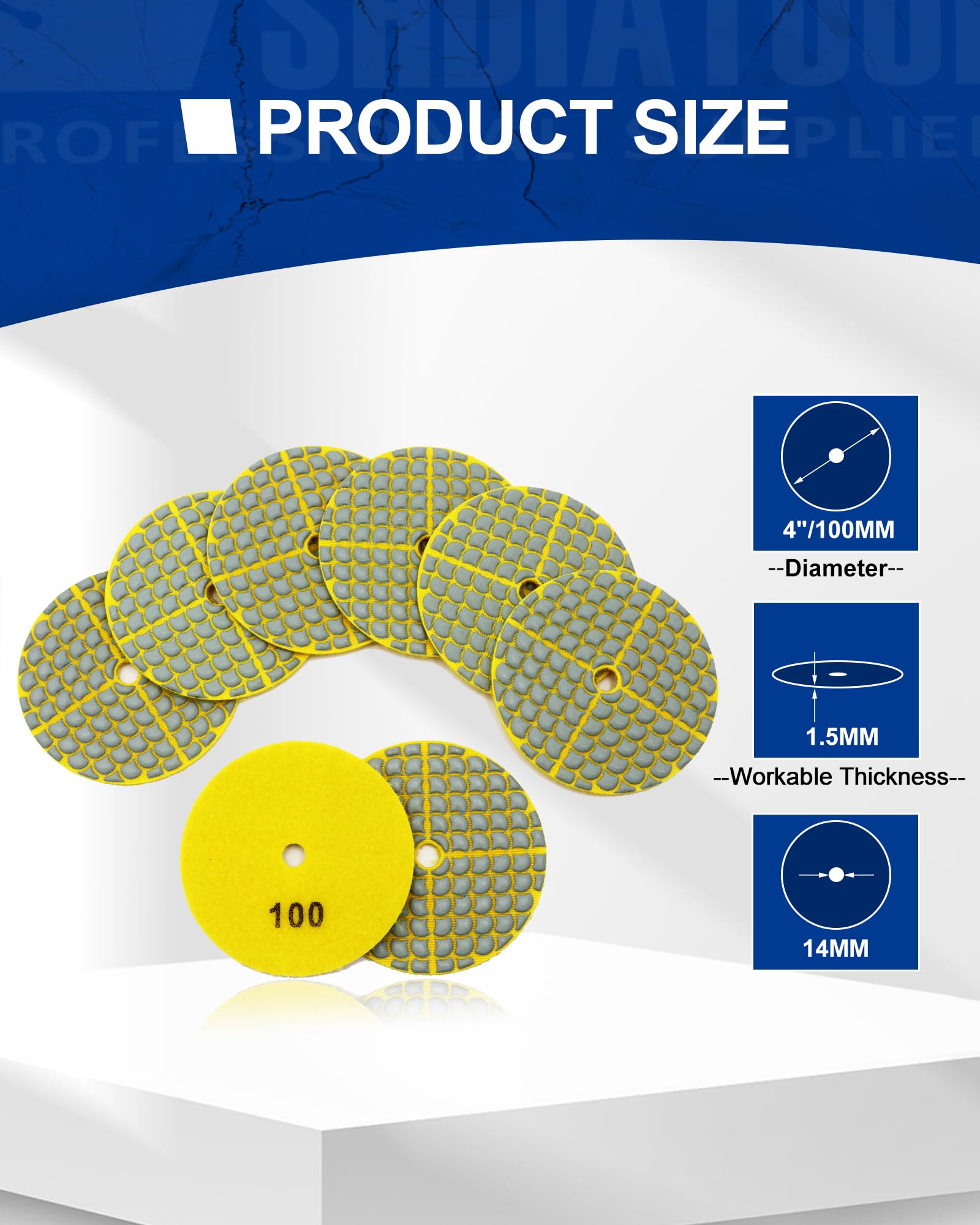 SHDIATOOL Diamant Schleifpads 100-8 Stücke Trocken Polierscheiben 100mm für Granit Marmor Quarz Kunststein Geeignet für Winkelschleifer