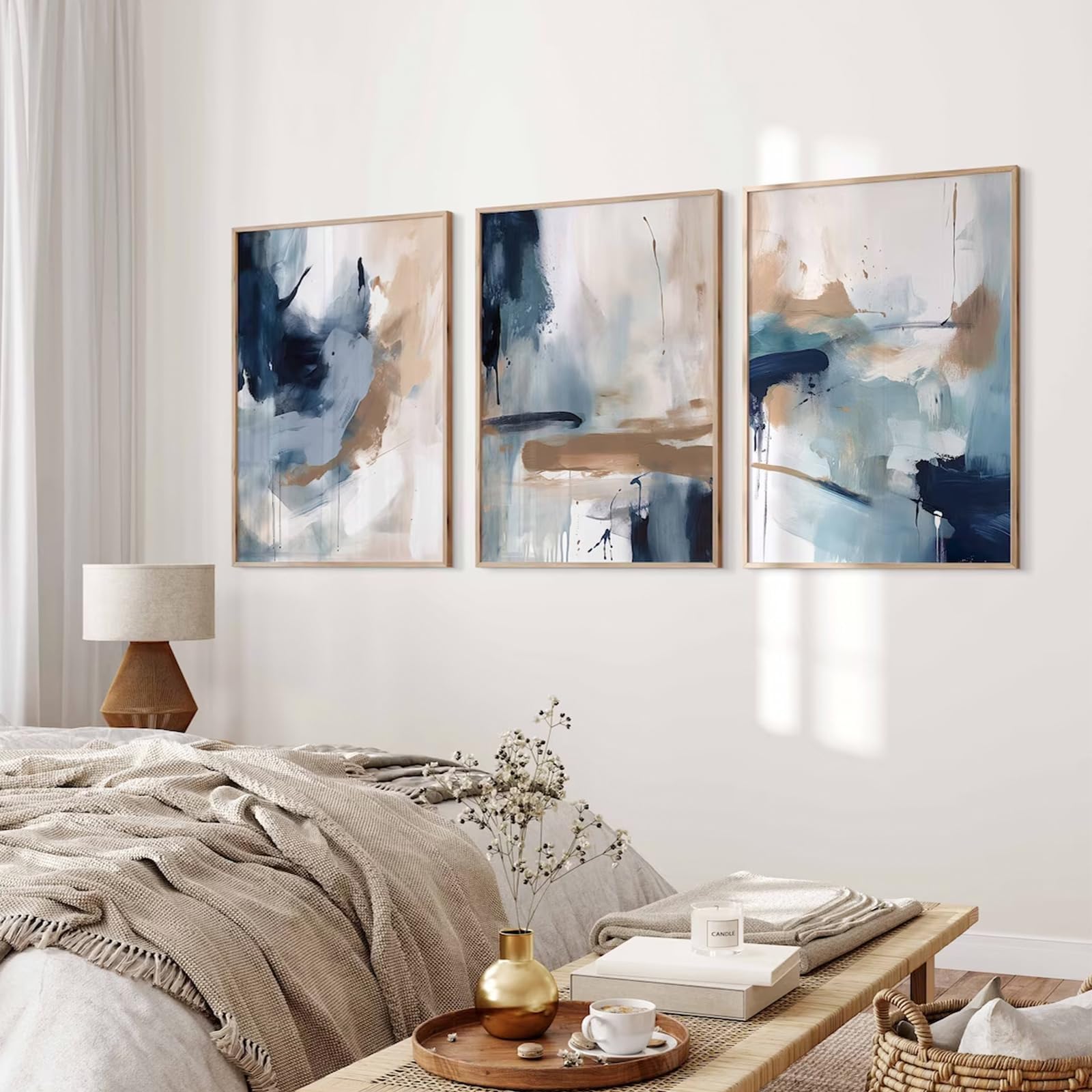 Navy Blue Pictures Wall Art Abstract Modern Painting Canvas Brown Watercolor Wall Art Decor Abstract Blue Poster Minimalist Graffiti Prints Artwork for Living Room 12x16 Inch Unframed Set of 3
