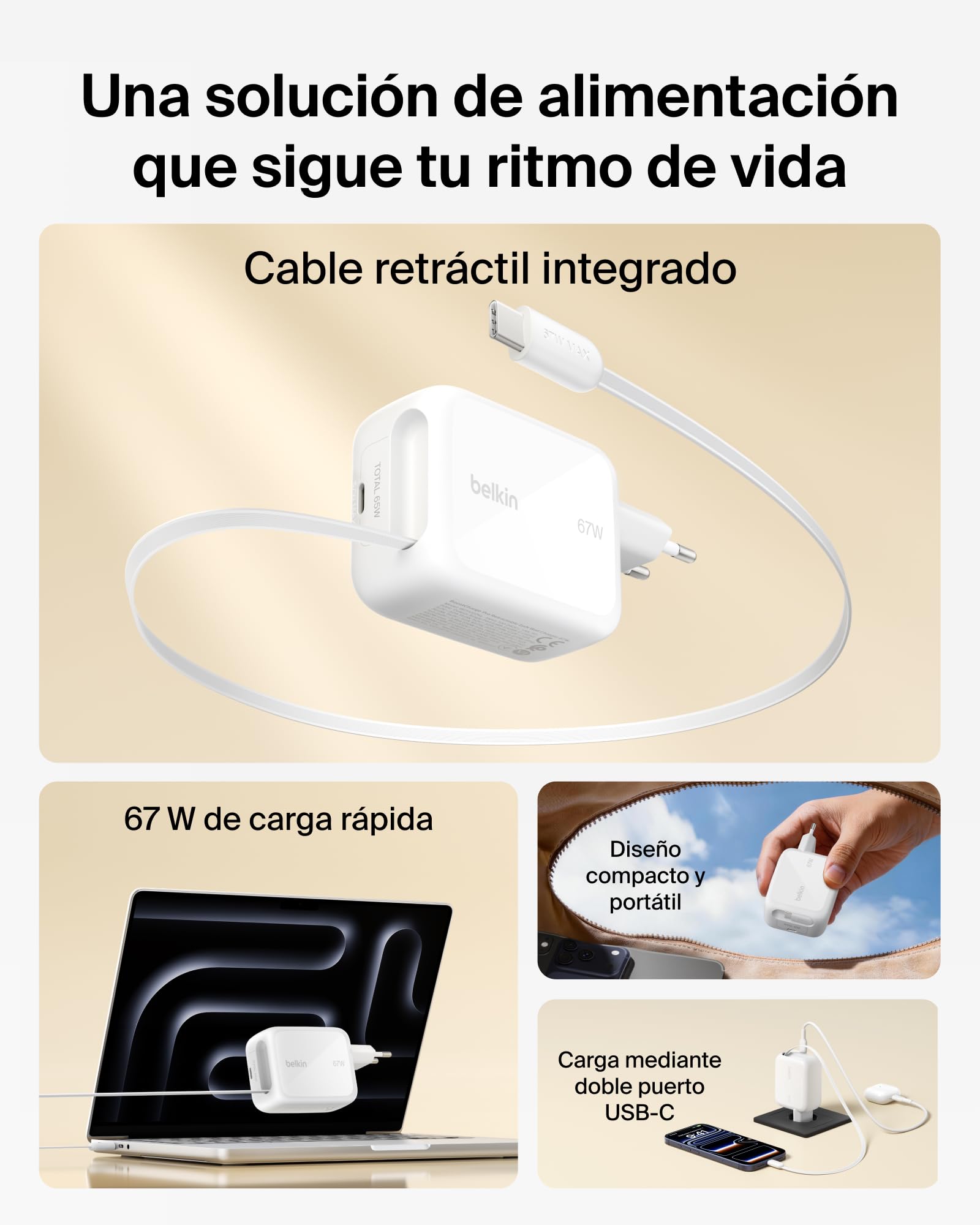 Belkin Cargador USB C con Cable USB C Retráctil y Puerto USB-C, Cargador Tipo C GAN, Carga Rápida para iPhone 17 y 16 Series, Galaxy S26 Series, AirPods, Tabletas, MacBook, Chromebook