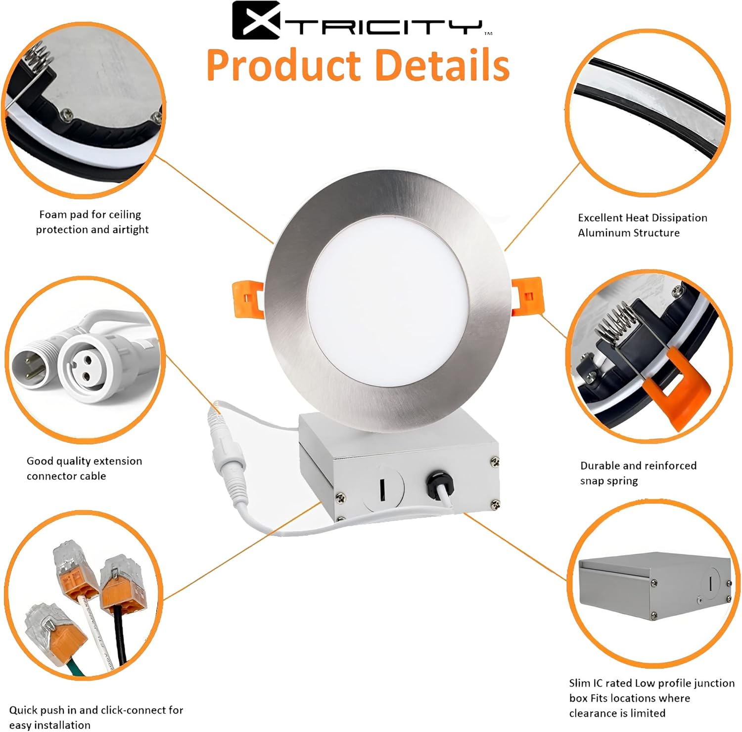 Xtricity Round 4 inch led recessed Lights Fixture with Driver, 3000K Recess Lights, 10W, 750 Lumens, 120V, Low Profile, Dimmable, Energy Star and IC Rated, Nickel Trim Soffit Lights, (6 Pack)