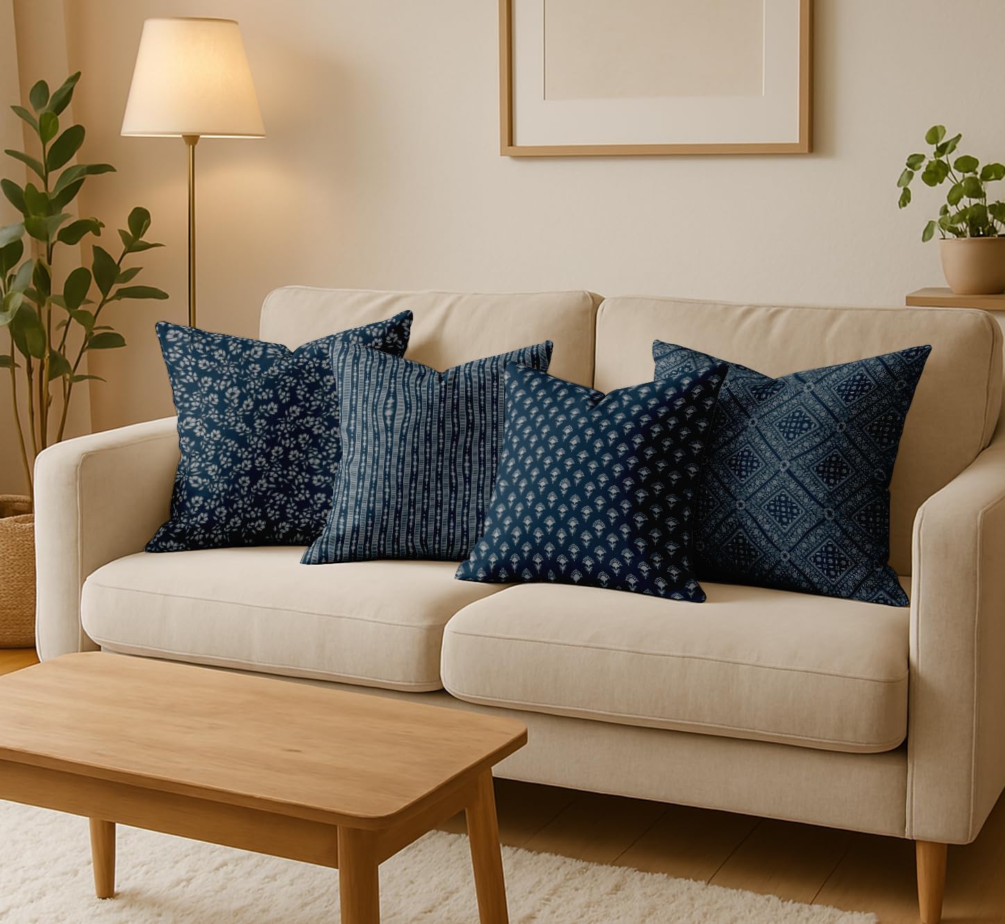 Cotton Cushion Covers Set of 4-16x16 Inch, Floral Print, Double-Sided Printed Throw Pillow Covers with Hidden Zipper - No Filler - Blue