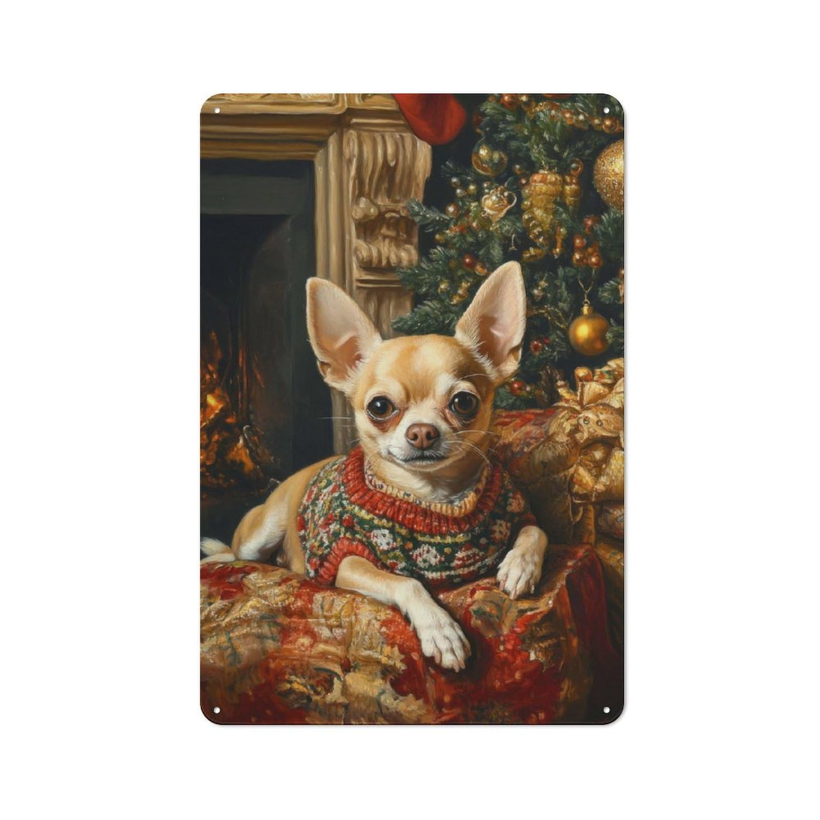 Junmoney Chihuahua Christmas Portrait Chihuahua In Sw Eater Retro Tin Sign 30X20cm For Bar Or Restaurant, For Collectors Of Retro Metal Wall Decor