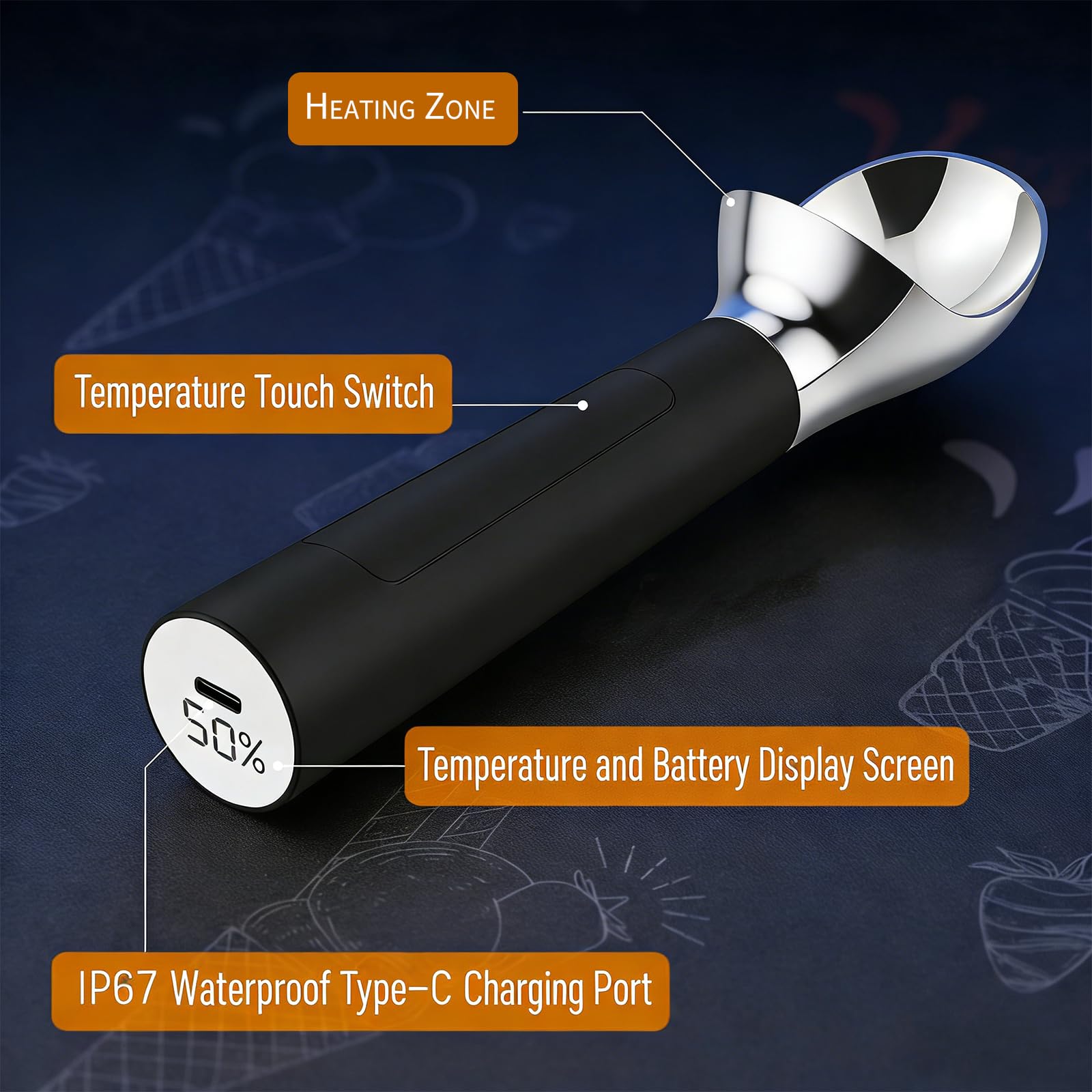 Cuillère à glace chauffante rechargeable avec affichage numérique, température réglable, design étanche