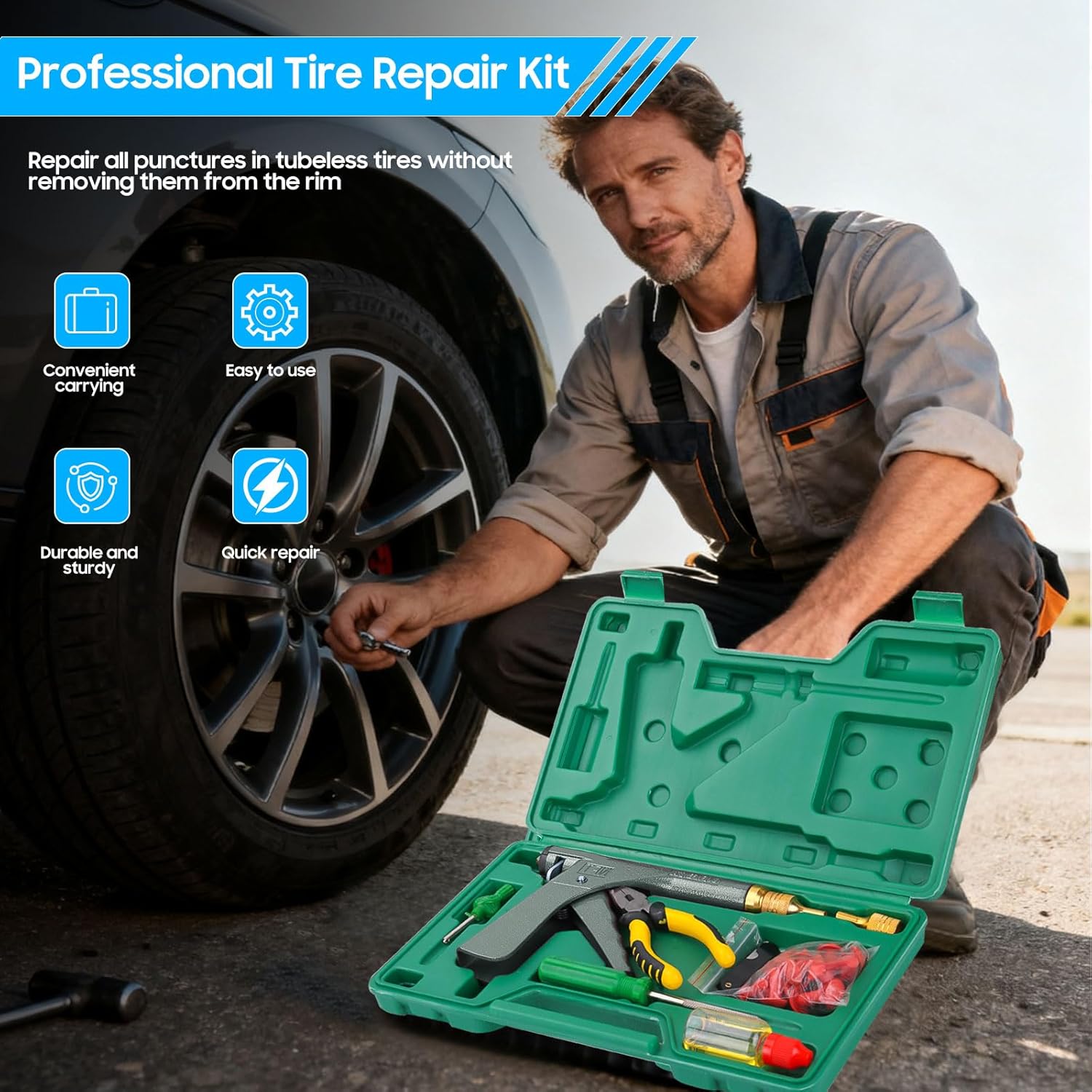 Tubeless Tire Gun Puncture Repair Kit with Mushroom Plug (Gun Puncture kit 16 Plugs, Green) for Tyre Punctures and Flats on Cars, Motorcycles, ATV, Trucks & Tractors