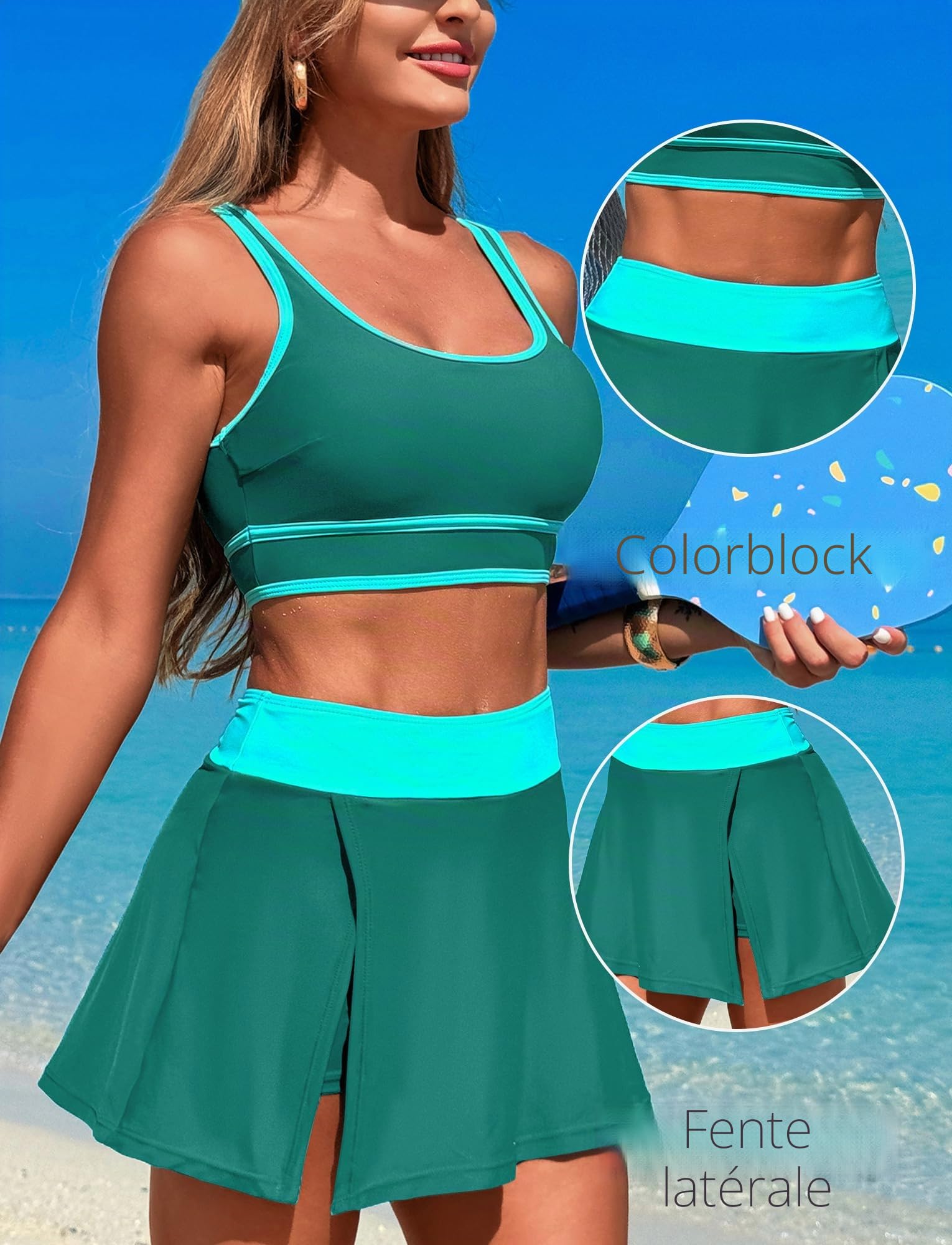 SEAUR Maillot de Bain Deux Pièces avec Jupe Femme Col en U Bikini Push Up Dos Nu Sportif Bikini Set S-XL
