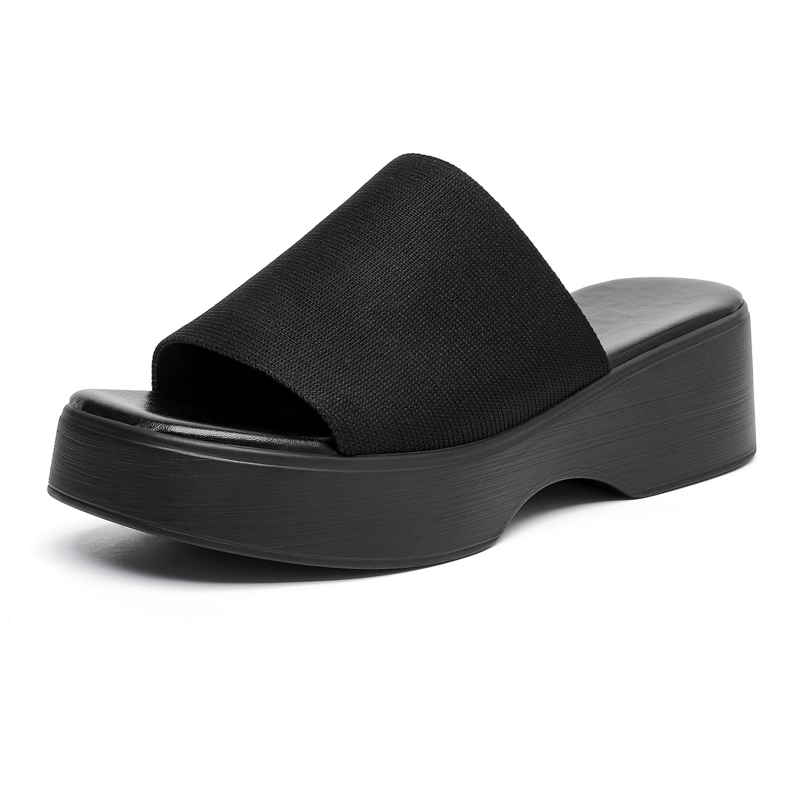 Photo 1 of PUNYBY Womens Knit Platform Wedge SIides Sandals Open Toe Slip On Elastic Band Wedges Sandals 7 Black