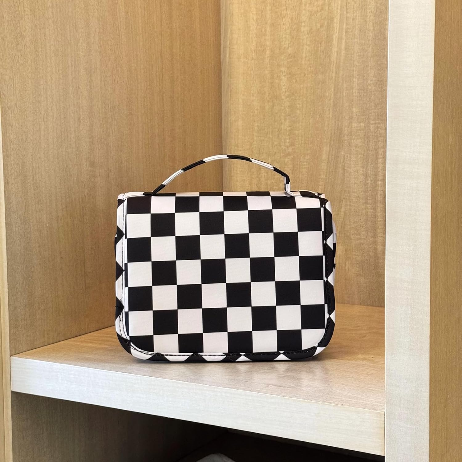 Crazy Bison Hanging Travel Toiletry Bag Kit Makeup Bag Cosmetics Organizer for Men Women (Black & White Checkerboard) - Image 7