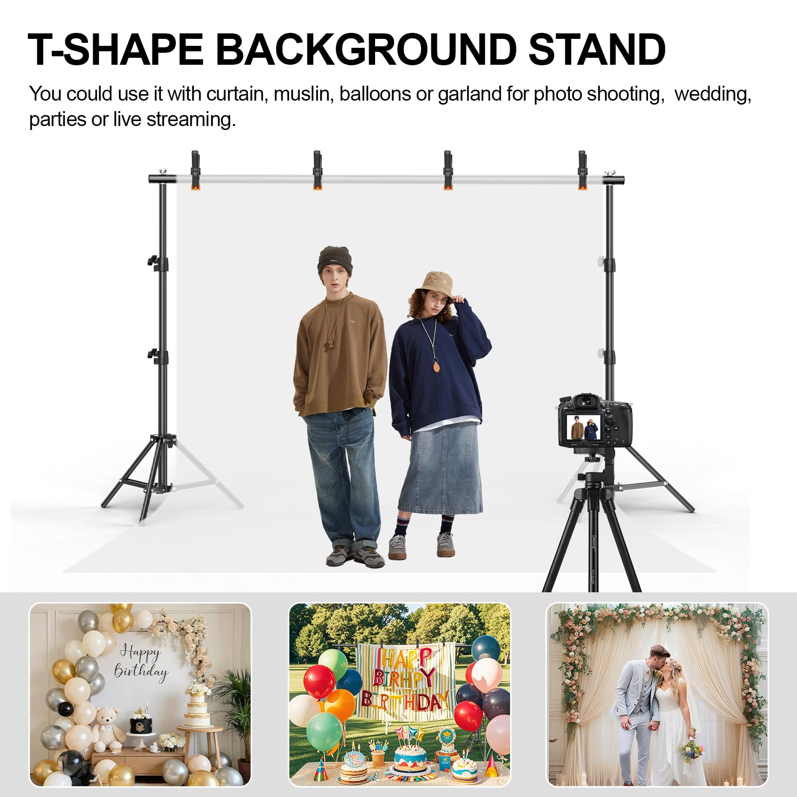 Soporte de telón de fondo de 6.5 x 6.5 pies, kit de sistema de soporte de fondo de fotografía ajustable con 4 abrazaderas y bolsa de transporte para fiestas, bodas, fotografía, decoración de