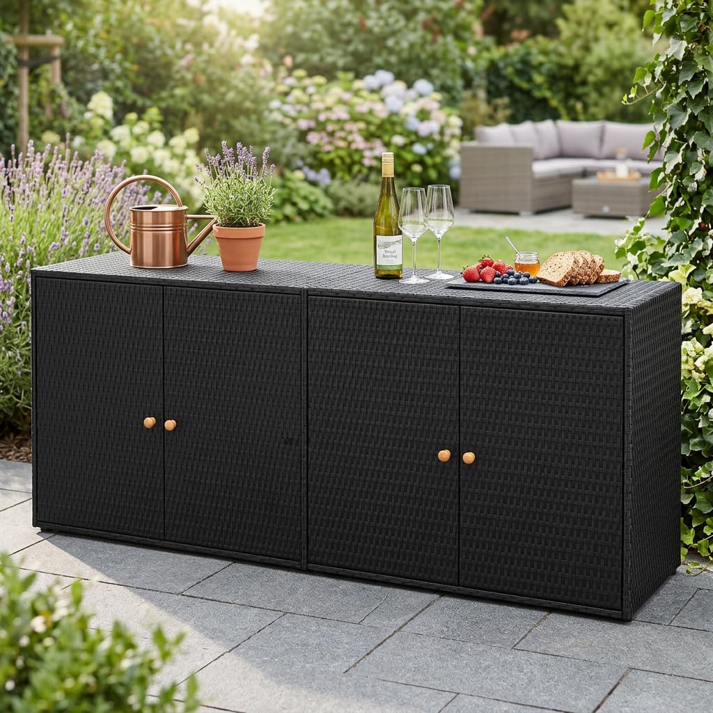 ACAGALA Gartenschrank Poly Rattan, Balkonschrank 4 Türen, Haushaltsschrank Aufbewahrungsschrank Beistellschrank Schrank, 198x55,5x80 cm, Schwarz