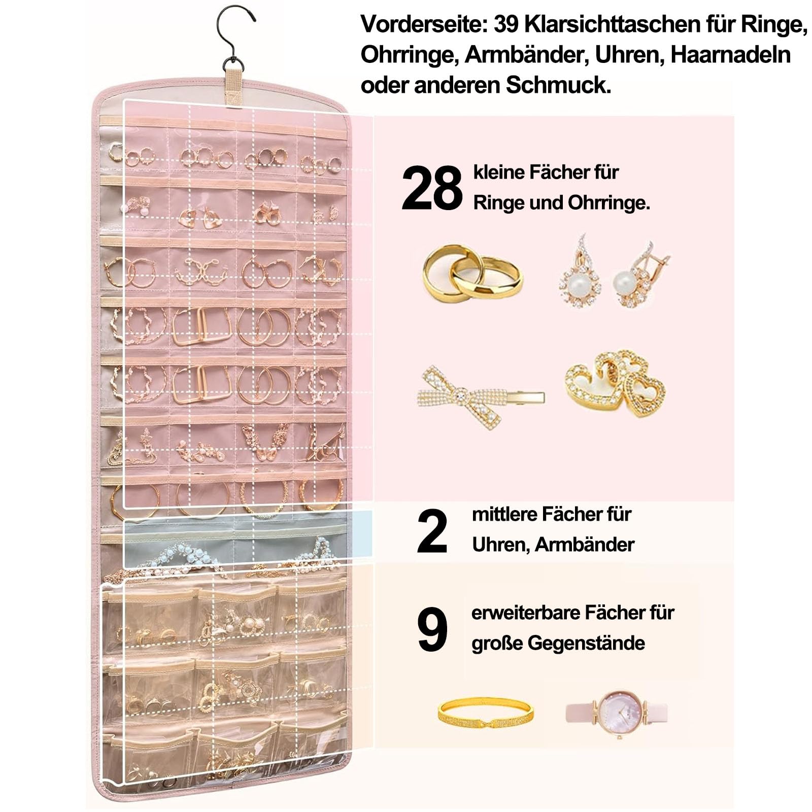 Hanging Jewelry Organizer per Armadio, Organizer per Gioielli Appeso, Organizzatore di Gioielli da Appendere, Storage Doppia Faccia per Gioielli, con 39 Scomparti e 3 Ganci a Forma di Onda, Rosa