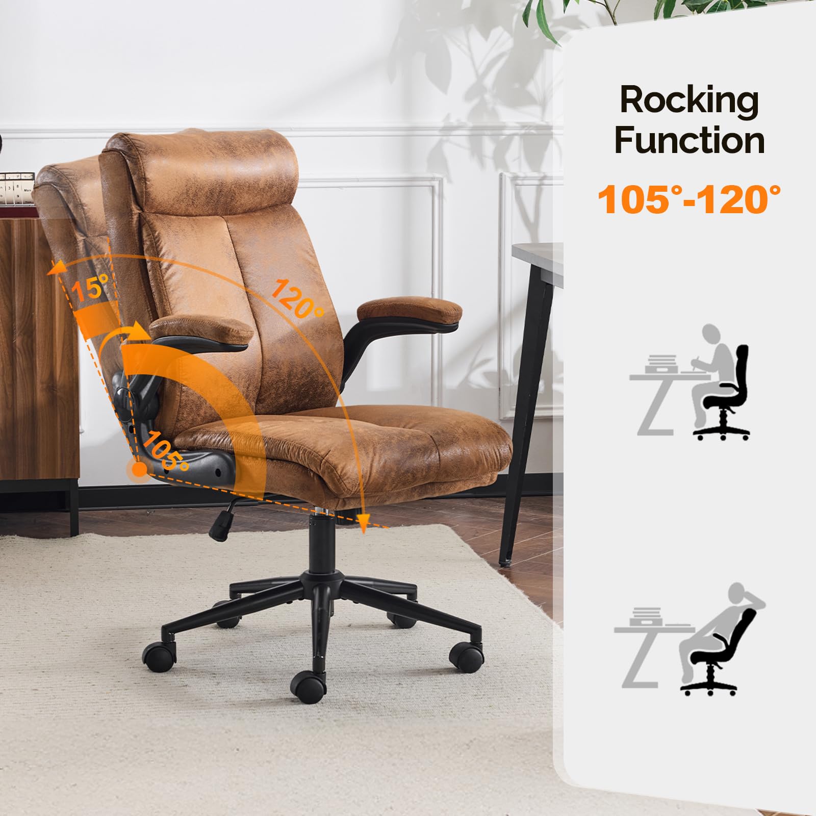 Bonnlo Ergonomischer Bürostuhl, Schreibtischstuhl mit hochklappbarer Armlehne, Computerstuhl, Drehstuhl, Wippfunktion 105°-120°, Höhenverstellbar, Drehbar, 150KG Belastbarkeit (Mikrofaser, Braun)