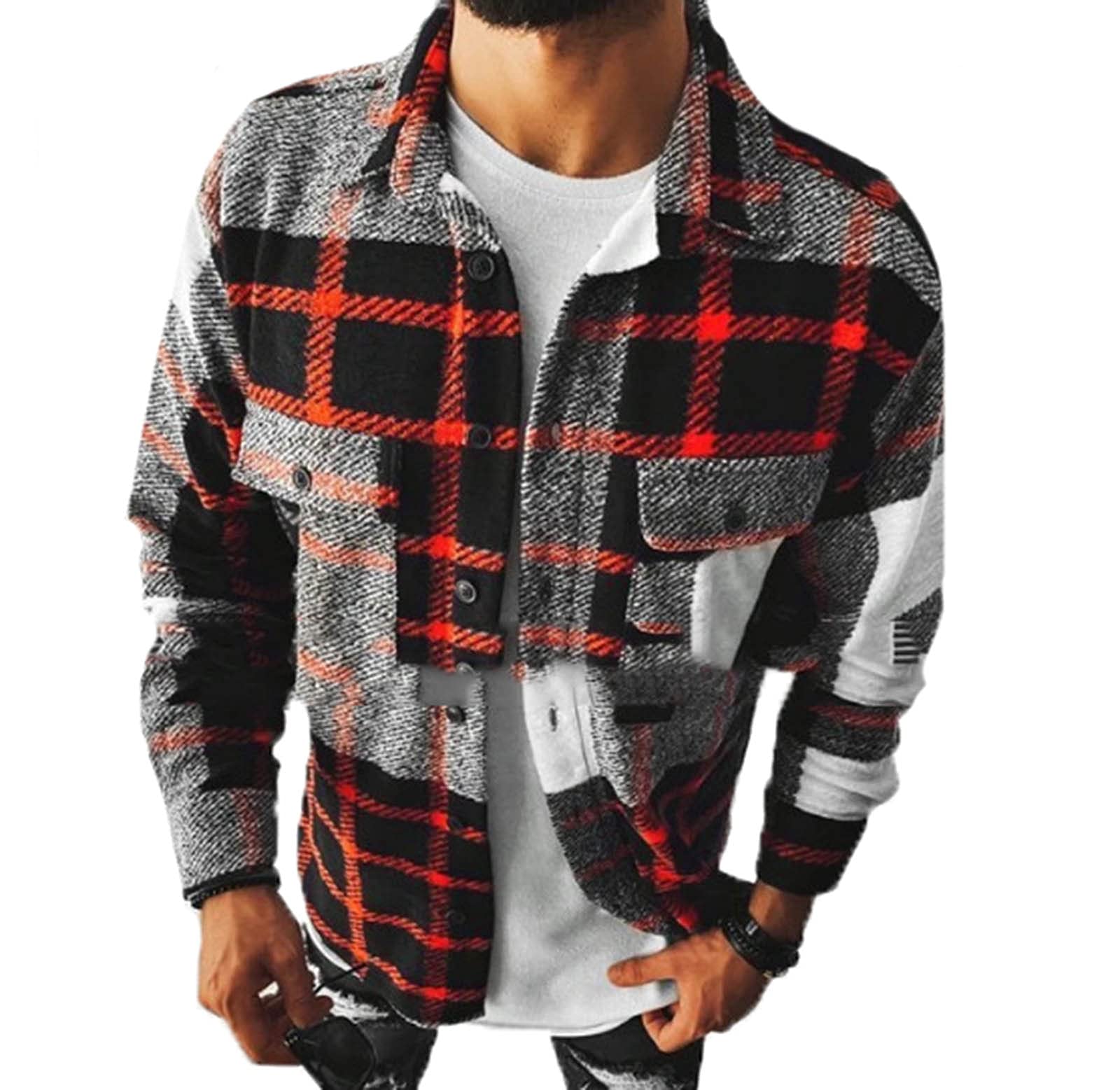 Keepmore Men's Grey Plaid Plaid Button Down Shirt Regular-Fit Long-Sleeve Flannel Shirt Fashion Autumn Coat Tops With Pocket