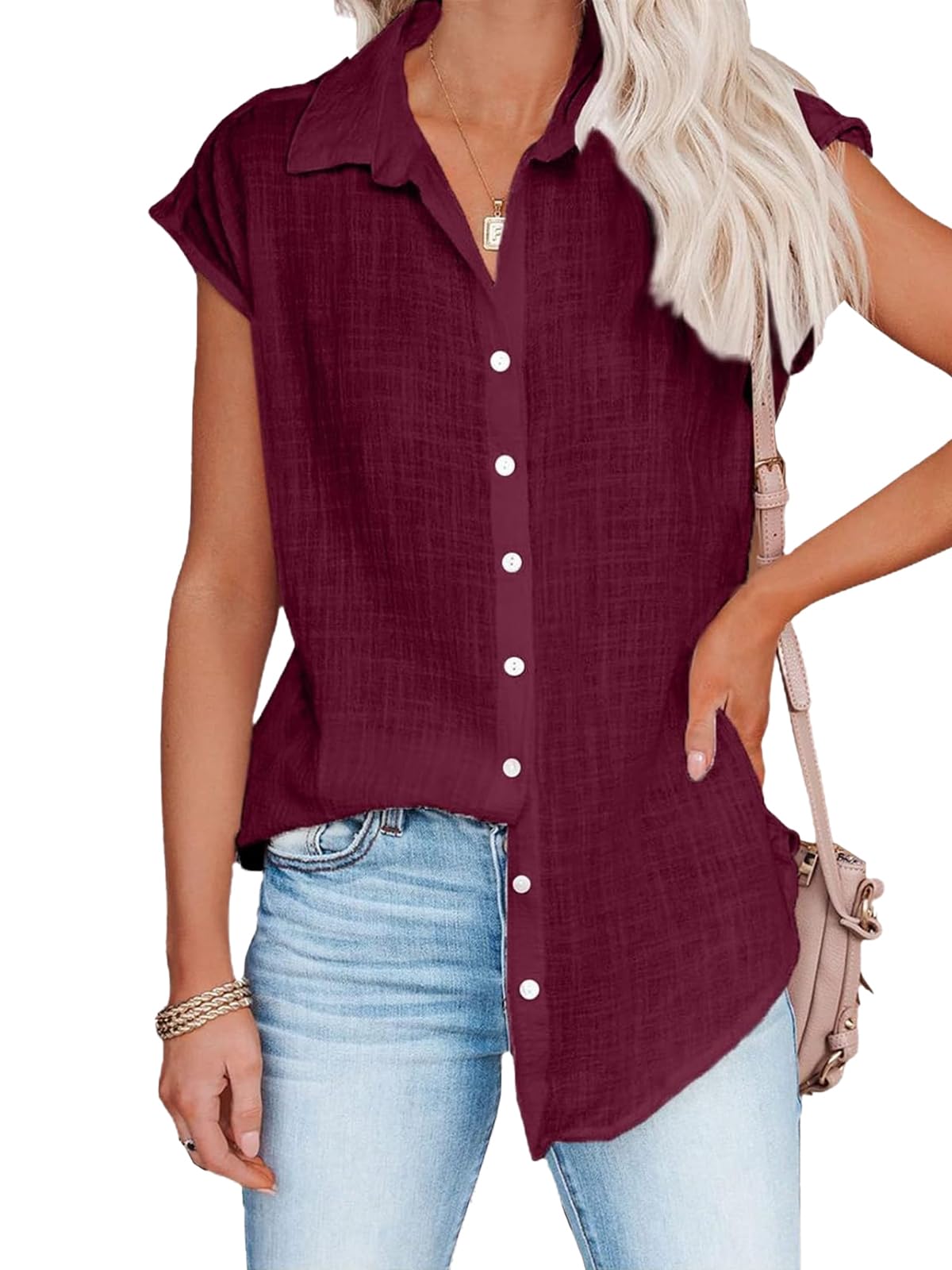 Leinenbluse Damen Bluse Sommer Kurzarm V-Ausschnitt Leinenhemd Button-Down Blusenshirt Elegant Revers Kragen Leinen Shirt Oberteil Leicht Einfarbig Hemdbluse