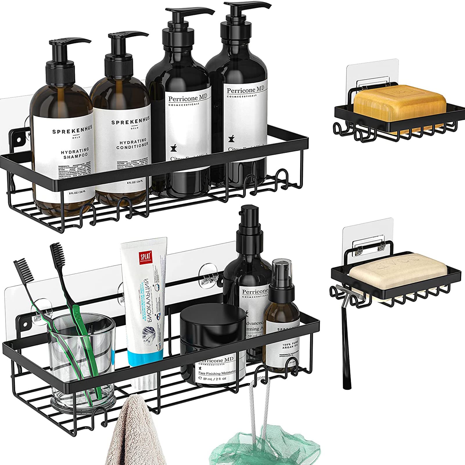 U-HOOME Shower Caddy Shelf Organizer (2Pack) with 2 Soap Dishes, Adhesive Black Bathroom Shower Shelves Basket with Hooks, No Drilling Wall Mount Shower Storage Accessories, Rustproof Stainless Steel