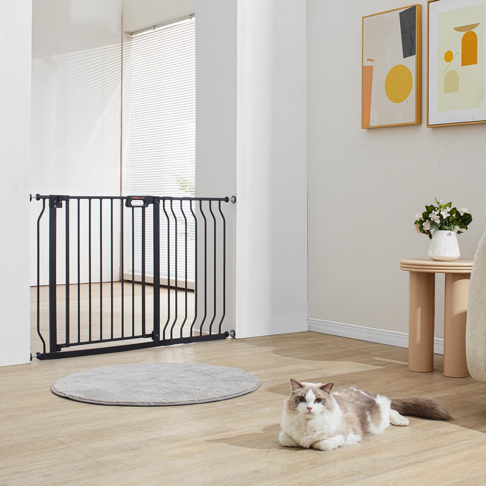 Barrera de Seguridad Extensible, Ancho de 74,9-117,8 cm Altura de 76,2 cm, Cierre Automático Puerta de Escalera sin Taladrar, Ancho de Apertura de 533 mm 180° Valla para Interior, Negro