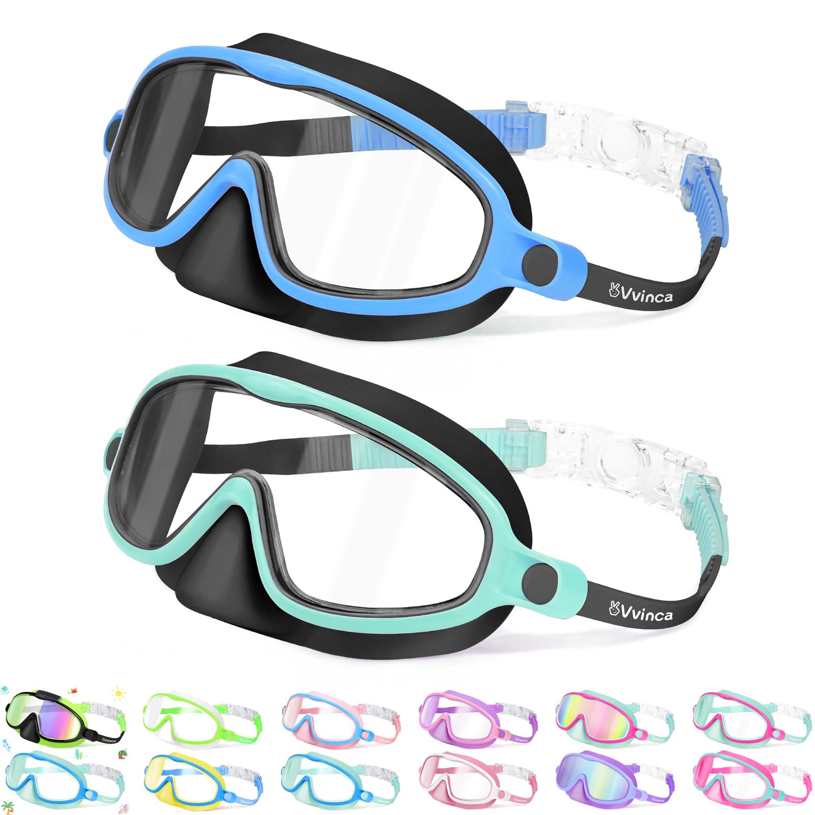 Vvinca 2 Pcs Kids-Swim-Goggles with Nose Cover, Swimming Diving Mask Wide View Anti Fog UV Anti Shattered Lens for Kids 3-5