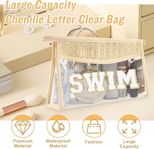 Miniatura 4 de Iqimott Bolsa de maquillaje transparente con parches bohemios, bolsa de maquillaje con cremallera impermeable, bolsa de aseo, Swim-Beige