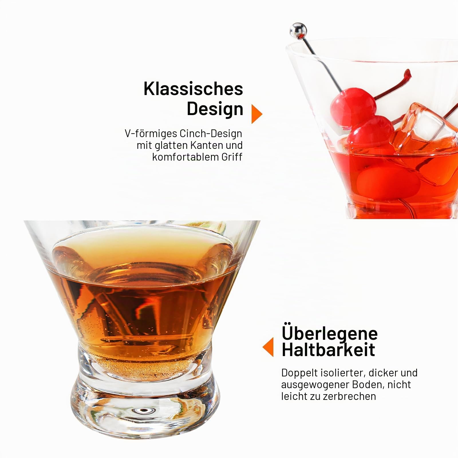 WOTOR Set mit stiellosen Martini-Gläsern, 4er-Set, 236ml Cocktailglas-Set, schicke moderne Martini-Gläser für die Bar, kurze und kleine Margarita-Gläser