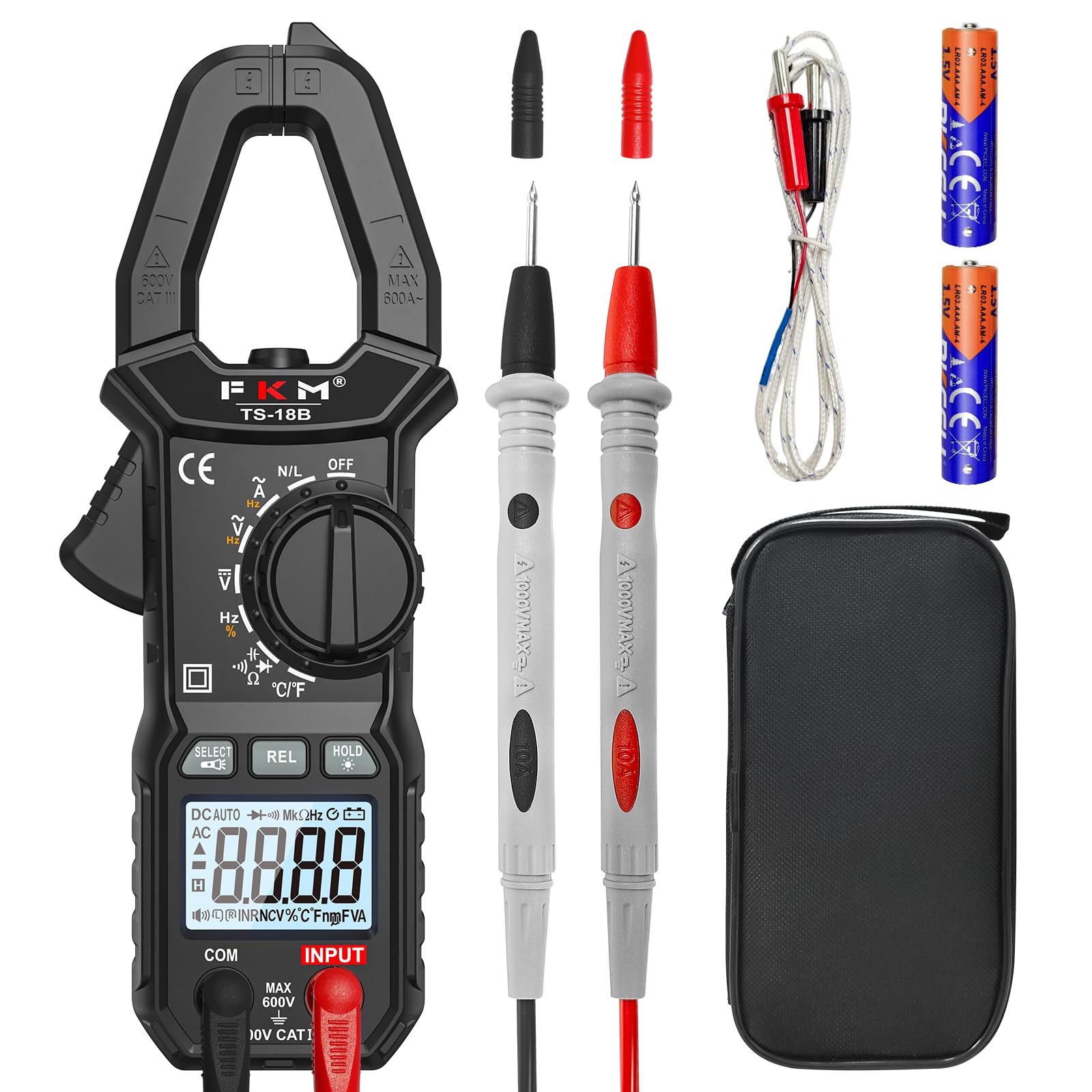 FKM Clamp Meter,TRMS 6000 Counts,Digital Clamp Multimeter Voltage Tester | Auto-ranging Volt Meter,600 Amp AC Current,AC/DC Voltage,NCV,Capacitance,Resistance,Continuity,Hz/Duty Cycle,Diode,TempTest Black-18B-AC Current
