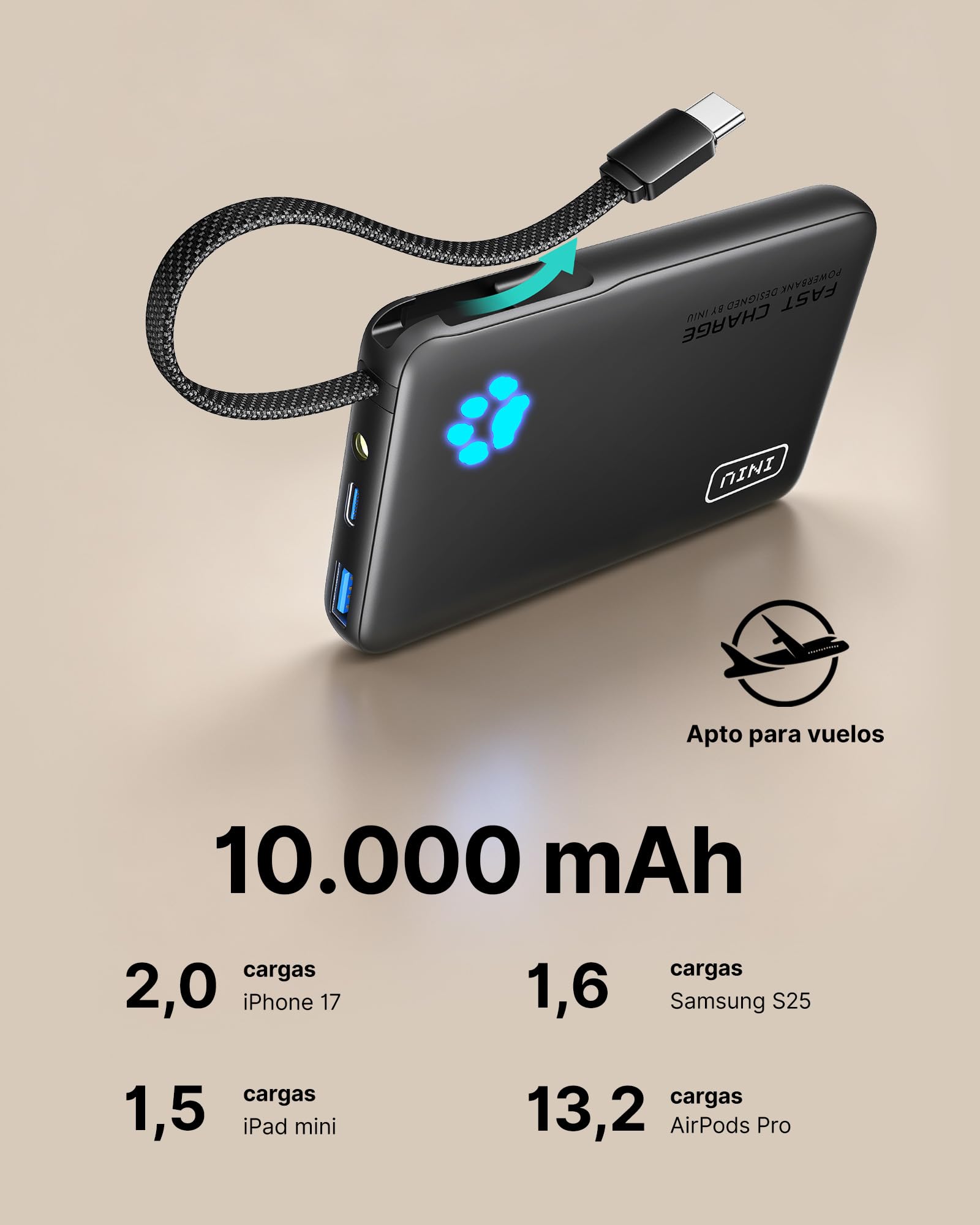 INIU Power Bank, 45W Bateria Externa Carga Rapida, Mini 10000mAh Cargador Portatil con Cable USB C Integrado, Apto para Avión, Bateria Portatil para iPhone 17 16 15 14 13, Samsung, Xiaomi, iPad, etc.