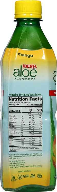 Iberia Aloe Vera Drink with Pulp, No Sugar, Mango, 16.9 Fl Oz (Pack of 8)