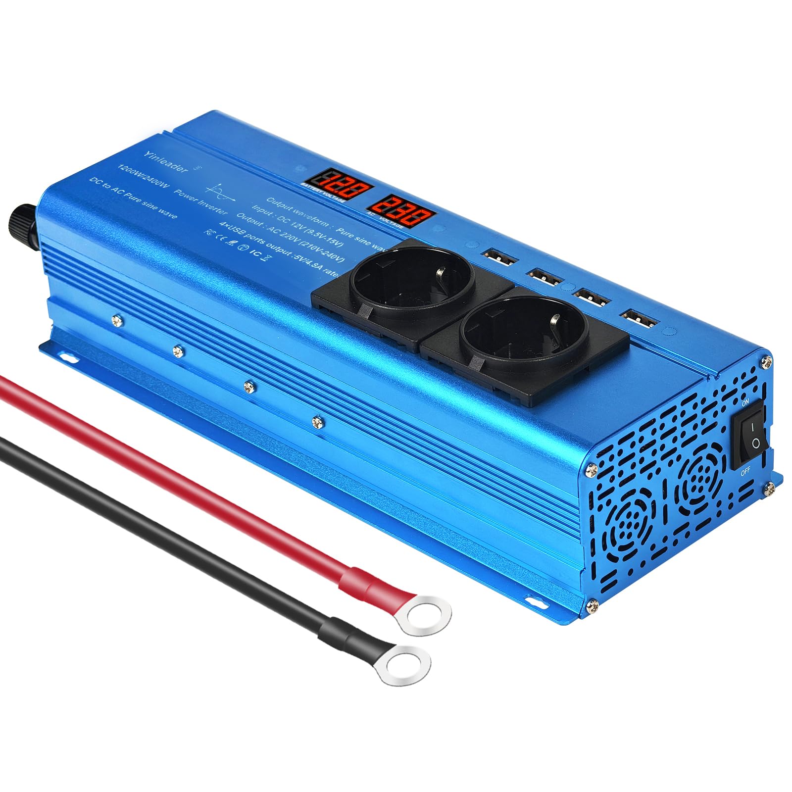 Yinleader 12V auf 230V 2400W Reiner Sinus Wechselrichter 2 EU Steckdosen und 4 USB-Anschlüsse 2 LED Spannungswandler