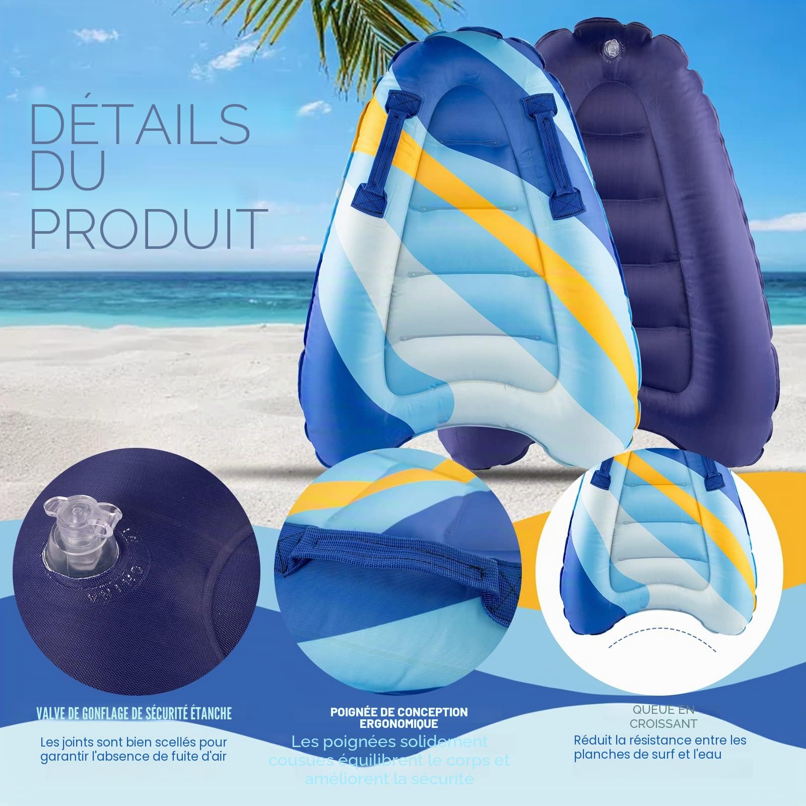 Planche De Surf Gonflable 150 Cm – Bodyboard Portable Pour Adultes Et Enfants – Idéale Pour Plage, Piscine Et Sports Nautiques