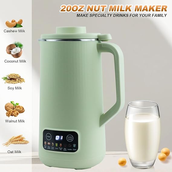 Nut Milk Maker Machine, 20 oz Automatic Milk Machine with 10 Blades, Plant-Based Milk, Oat, Soy, Dairy Beverages, Soy Milk Maker with 12 Hours Timer/Keep Warm/Auto-clean(Green)