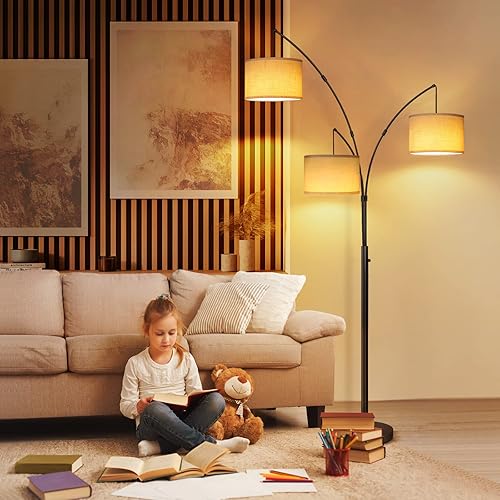 Miniatura 6 de OUTON Lámpara de pie LED de arco, moderna lámpara de pie alta de 3 luces negras para dormitorio, 2400 lm de mediados de siglo ajustables de esquina