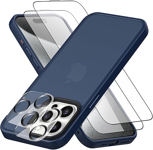 Miniatura 9 de Foluu Funda delgada para iPhone 15 Pro Max 2023-2X protector de pantalla de vidrio templado y 2 protectores de lente de cámara, parte trasera de