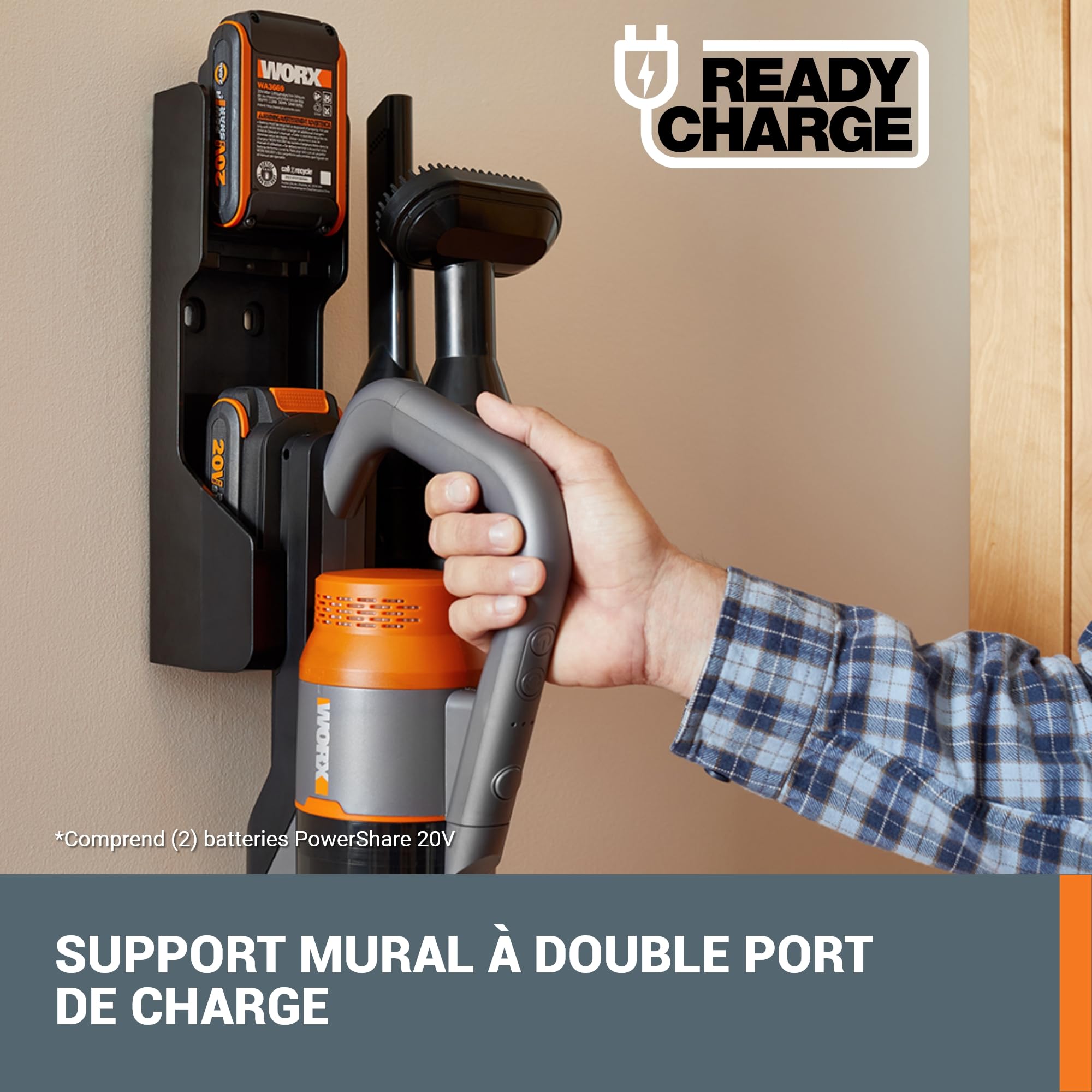 WORX 20V Akku Staubsauger WX038, 25kPa Handstaubsauger, 2x2Ah Akkus & Dual | 25 kPa Handstaubsauger, 45 Min. Laufzeit, für Haustierhaare, Teppich & Auto, 2x2Ah Akkus, Wandhalterung, Doppellader