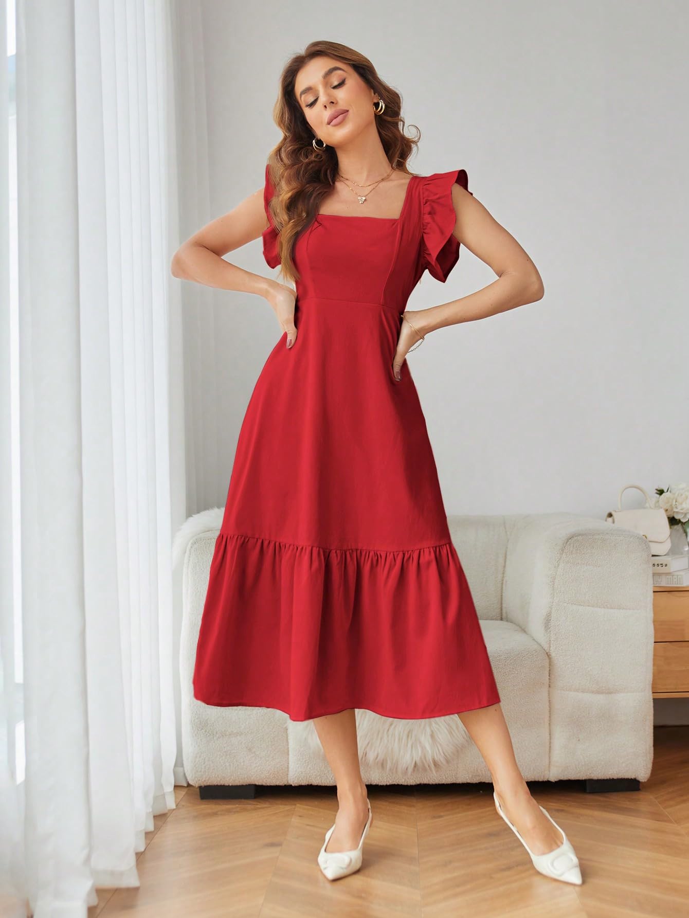 Shasmi Girl's & Women's Solid Red Color Square Neck, Ruffle-Trimmed Hem Sleeveless, Ruffle Armhole and Casual Dress with Cinched Waist Vacation Outfits Woman (Dress 162 Red-XL) - Image 6 thumbnail