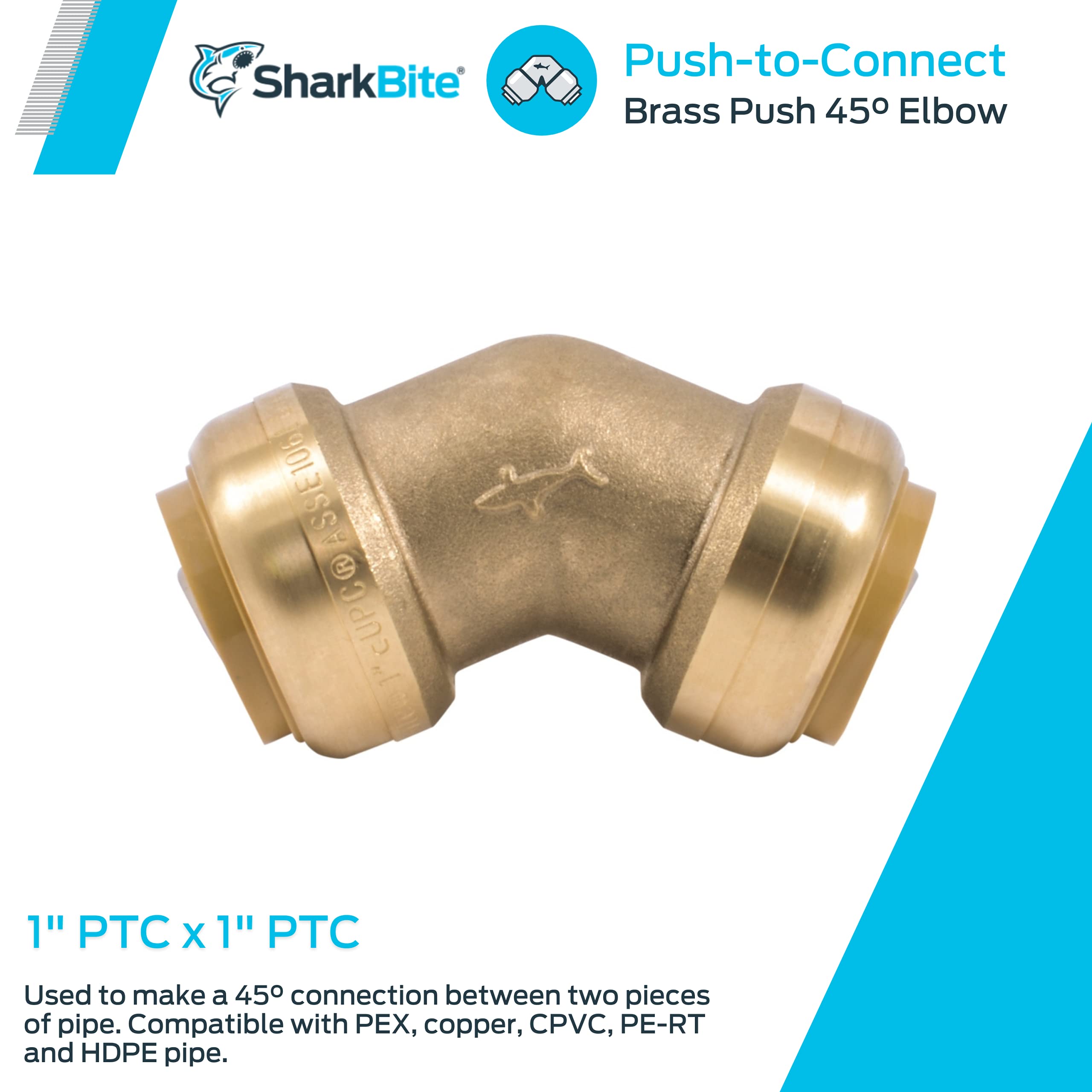 SharkBite 1 Inch 45 Degree Elbow, Push to Connect Brass Fitting, PEX Pipe, Copper, CPVC, PE-RT, HDPE, U660LFA - Image 2