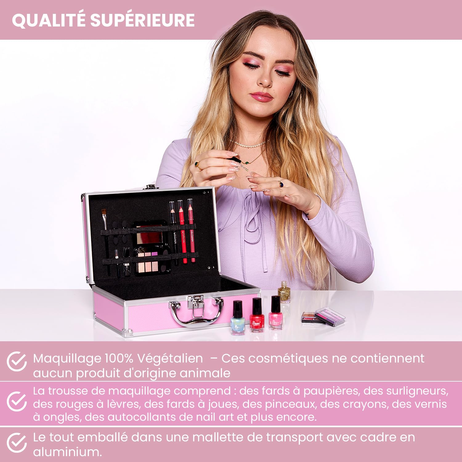 LOVE URBAN BEAUTY Végétalien Trousse maquillage rose vif - Kit maquillage 82 pièces adolescentes et femmes avec ombres à paupières, fards, rouges à lèvres et produits pour les ongles