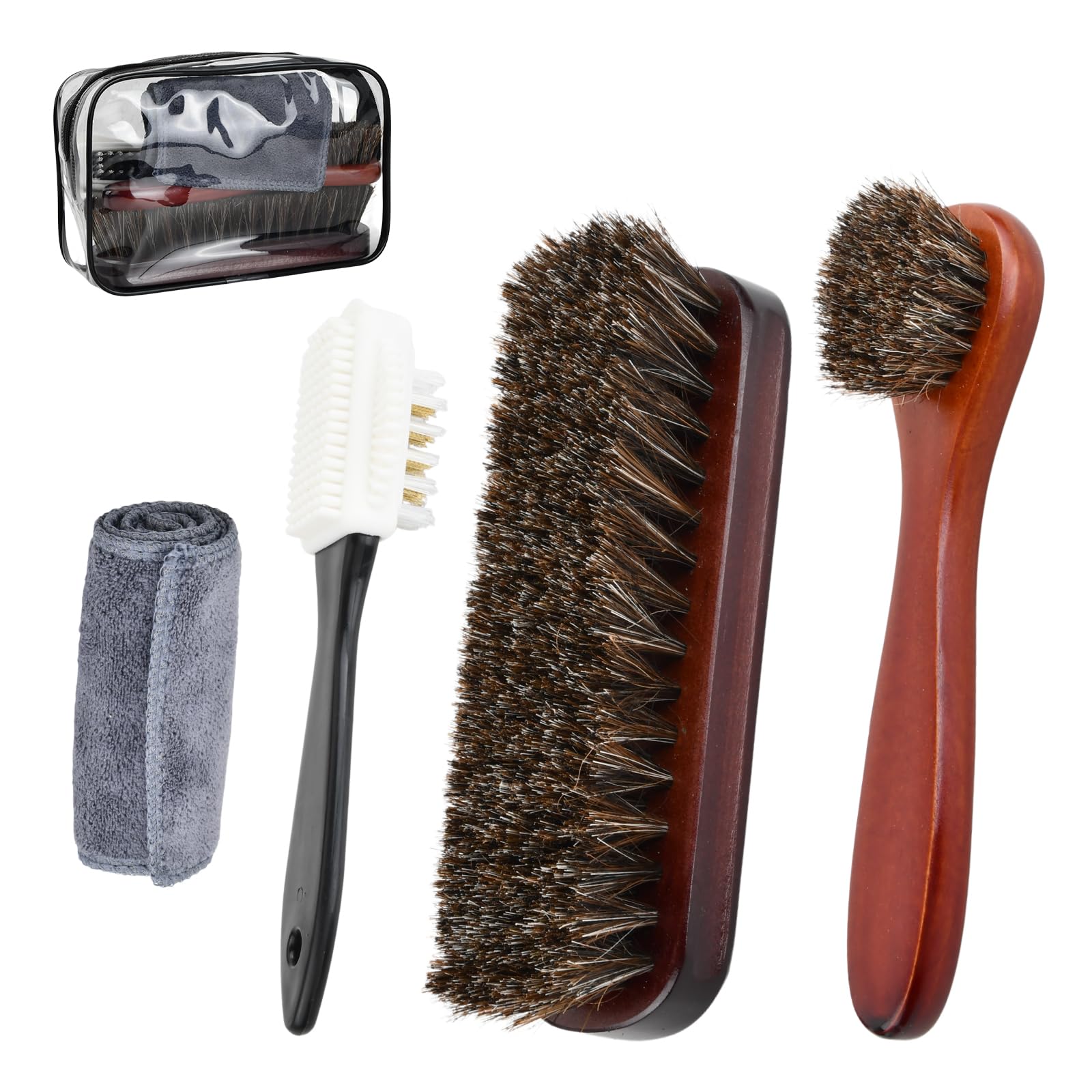 Kit d'Entretien Chaussures 5 Pièces avec Sac de Rangement - Crin de Cheval et Microfibre pour Cuir Lisse et Daim - Brosse à Lustrer et Brosse à Daim - Nettoyage Sans Rayures