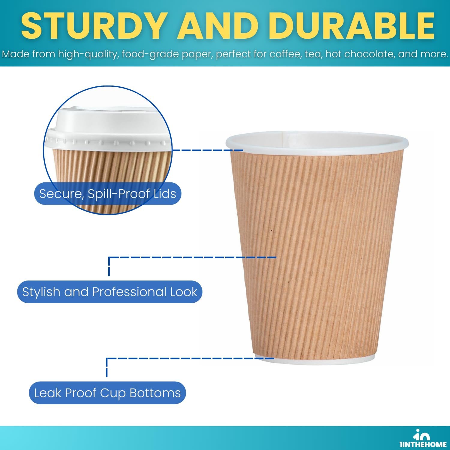 Disposable Coffee Cups with Lids, Paper Cups 10 oz, Insulated Ripple Wall, 50 Pack - Image 4