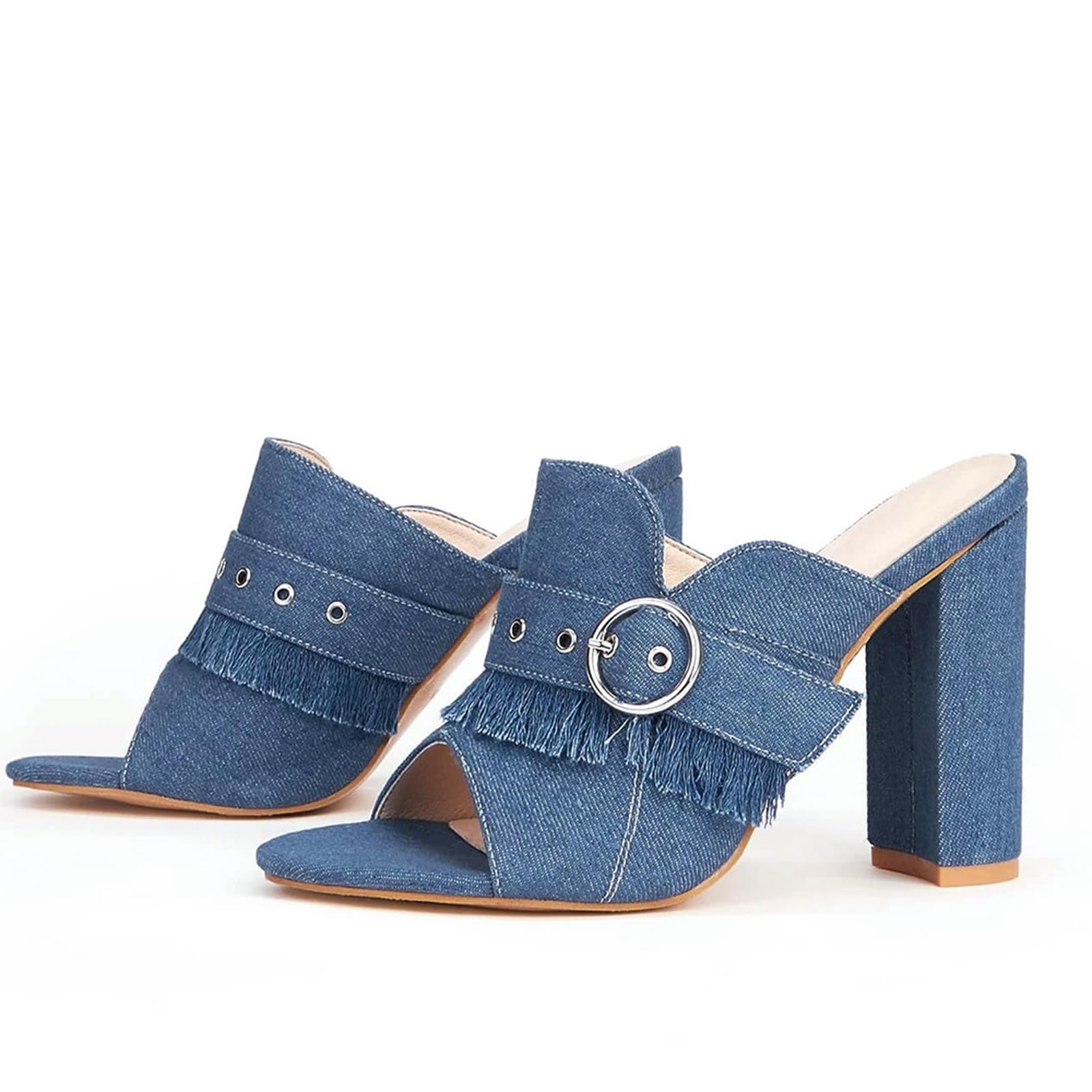 Ciabatte con Tacco Alto a Blocco per Donna, Mules con Tacco Grosso a Slip-On Punta Aperta, Sandali con Tacco Comodi in Denim Stile Retrò per Abiti Quotidiani e da Festa
