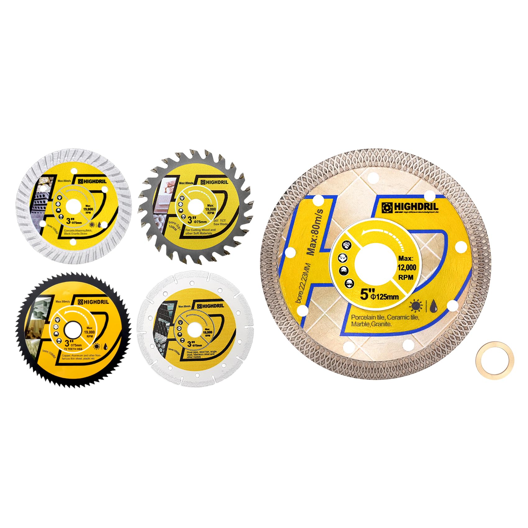 HIGHDRIL 3" 75mm Circular Saw Blade Set 4pcs - Diamond/HSS/TCT Cutting Disc for Angle Grinder Cutting Soft Metal Copper Aluminum Granite Tile Plastic Wood
