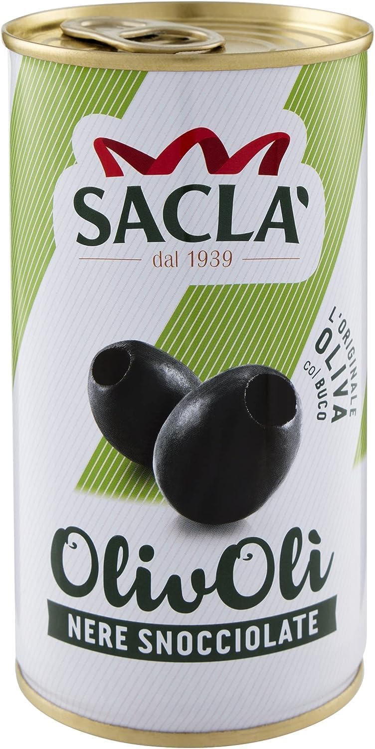 Saclà, OlivOlì, Olive Nere Denocciolate, Ideali per Insalate e per Arricchire i Tuoi Piatti, Lattina, 330g (150g sgocciolato), Confezione da 12 pezzi