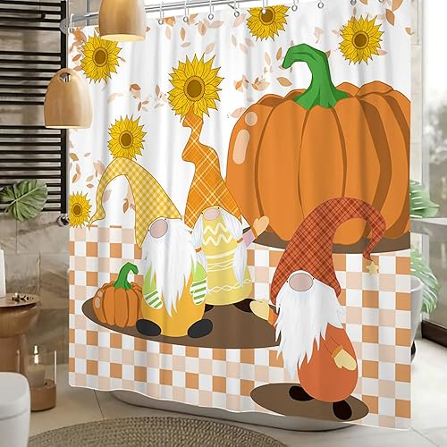 Vista 67 de Yeele Cortinas de ducha de otoño de Acción de Gracias, bonita cortina de ducha de gnomo y calabaza para baño, borde de rejilla blanca y negra