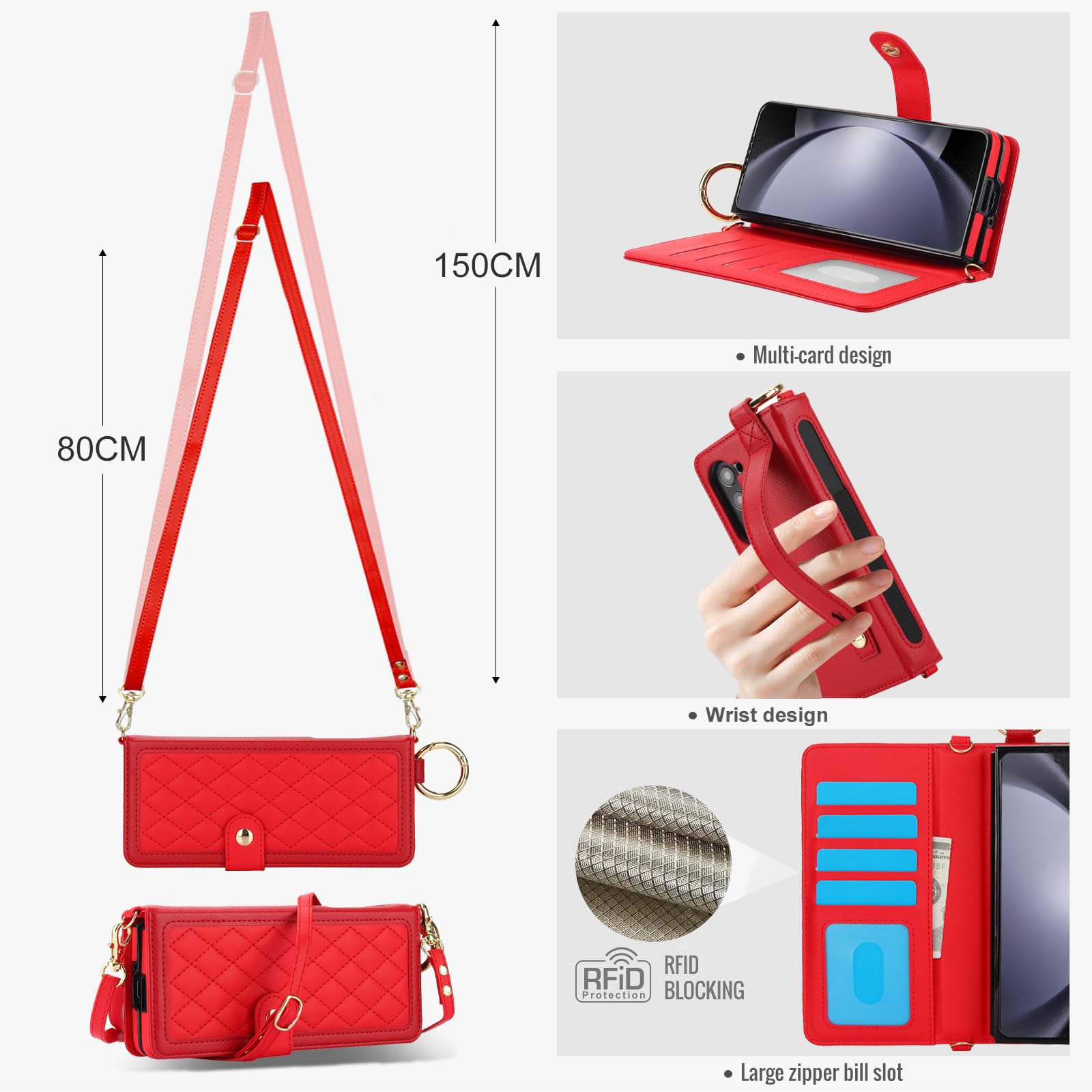 Skórzane etui do Samsunga Galaxy Z Fold 6, modny portfel z klapką, etui na telefon komórkowy z 4 miejscami na karty i uchwytem na długopis S, pasek na nadgarstek, etui z podstawką, czerwone