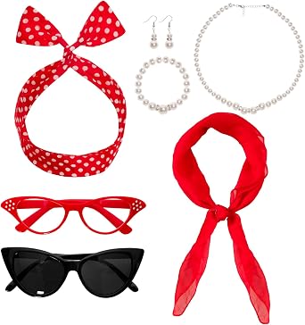 Fumwase 7PCS 1950s Costume Accessories for Women Cat Eye Glasses Hair Accessories Earring Bracelet Necklace Scarf