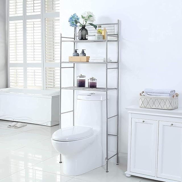 HOME BI Bathroom Space Saver,2-Tier Over the Toilet Storage Rack, Freestanding Metal Storage Shelves, Bathroom Shelf, Metal Shelf Organizer in Silver,24.02" W x 8.07 D x 61.42" H (Silver, 3-Tier)